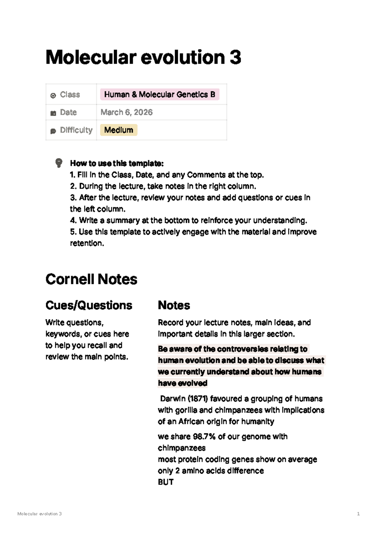 Lecture Notes: Molecular Evolution 3 - Human Genetics - Studocu