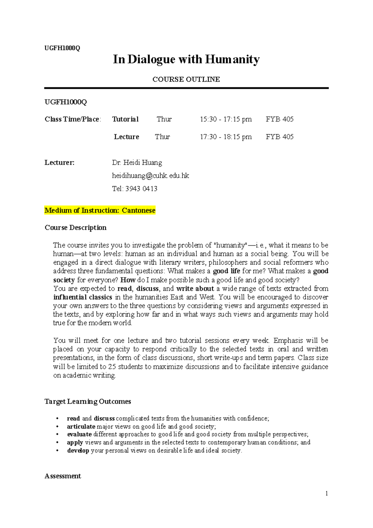 UGFH1000Q Course Outline: In Dialogue with Humanity (2026) - Studocu