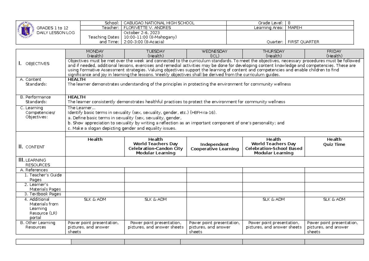 DLL Quarter 1 Mapeh 8 Health WEEK 7-1 - GRADES 1 to 12 DAILY LESSON LOG ...