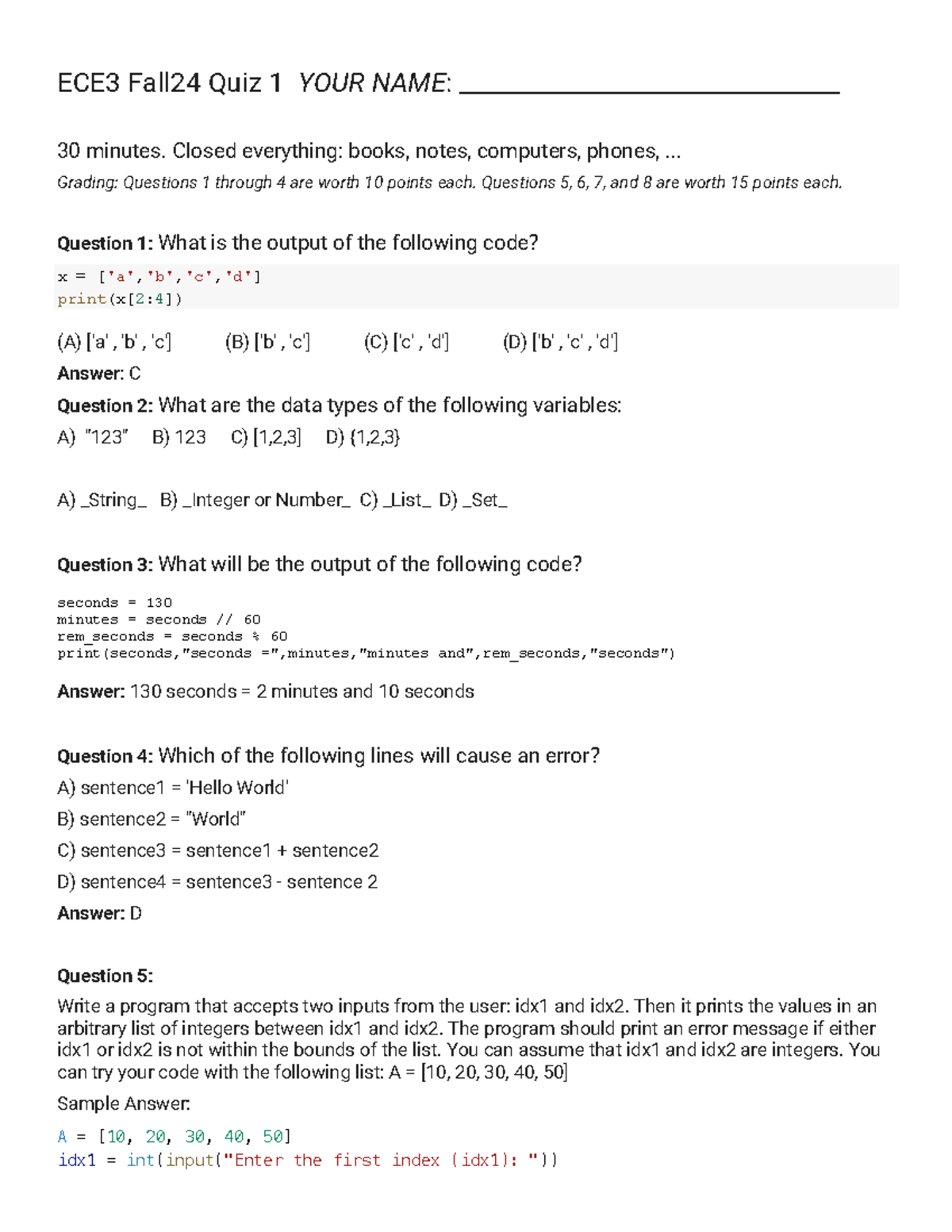 ECE3 Fall24 Quiz 1 Solutions and Code Explanations - Studocu