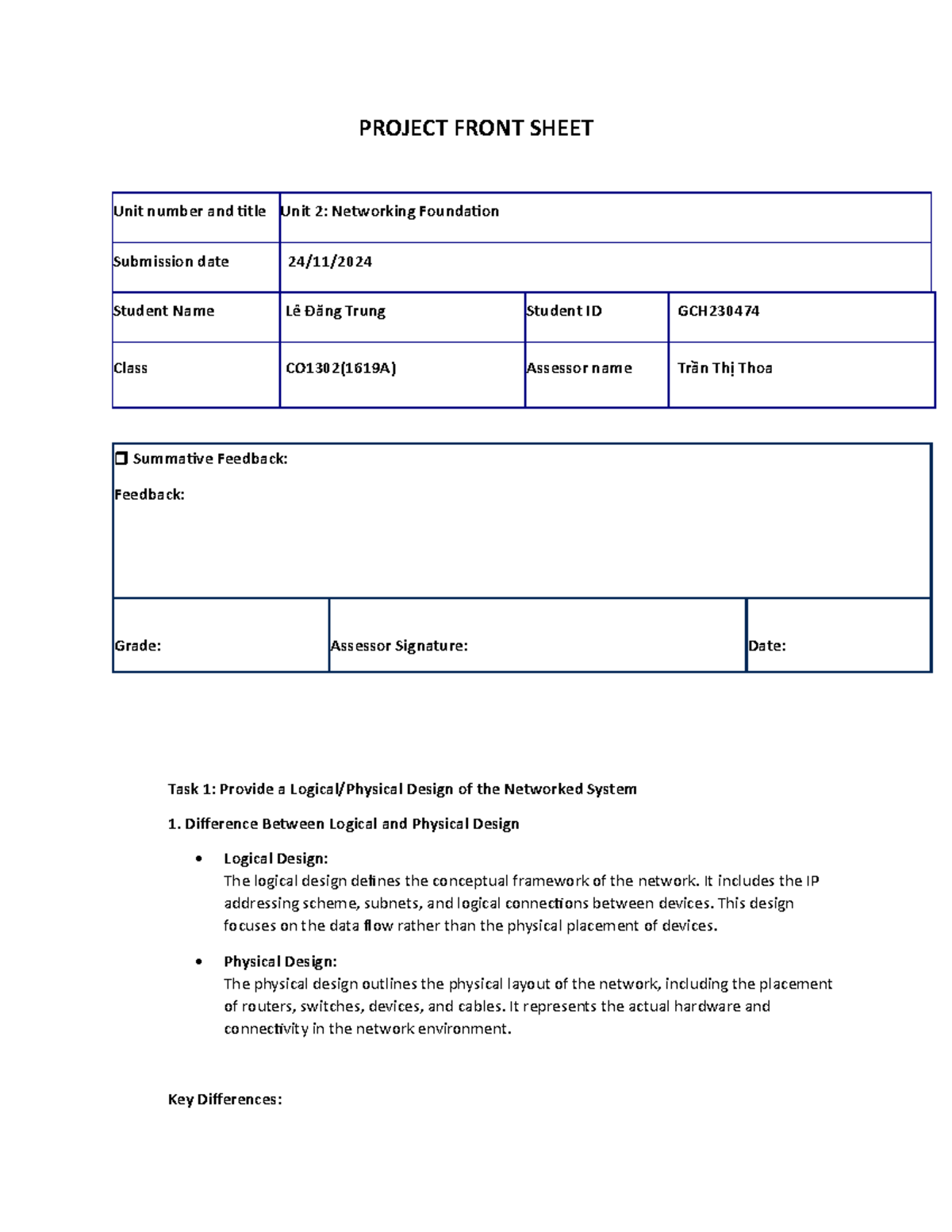 Project Brief - Very good for student Greenwich - PROJECT FRONT SHEET ...