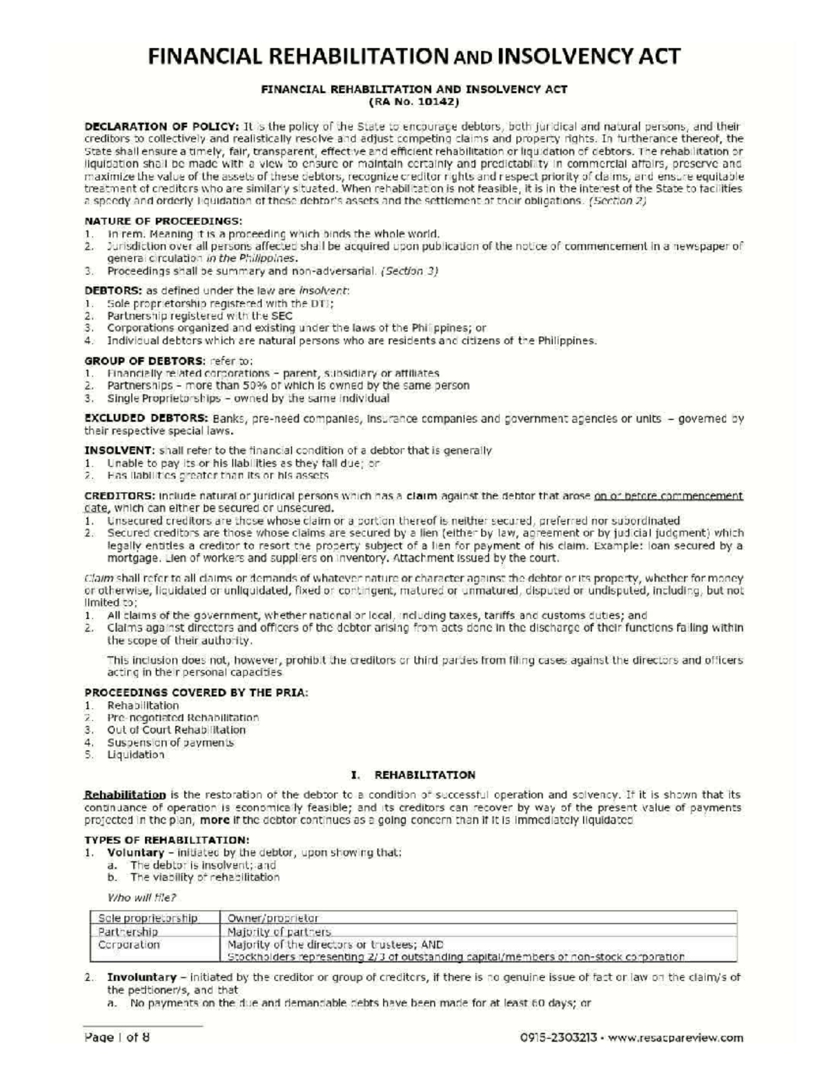 PRIA - Lecture Notes on Financial Rehabilitation and Insolvency Act ...