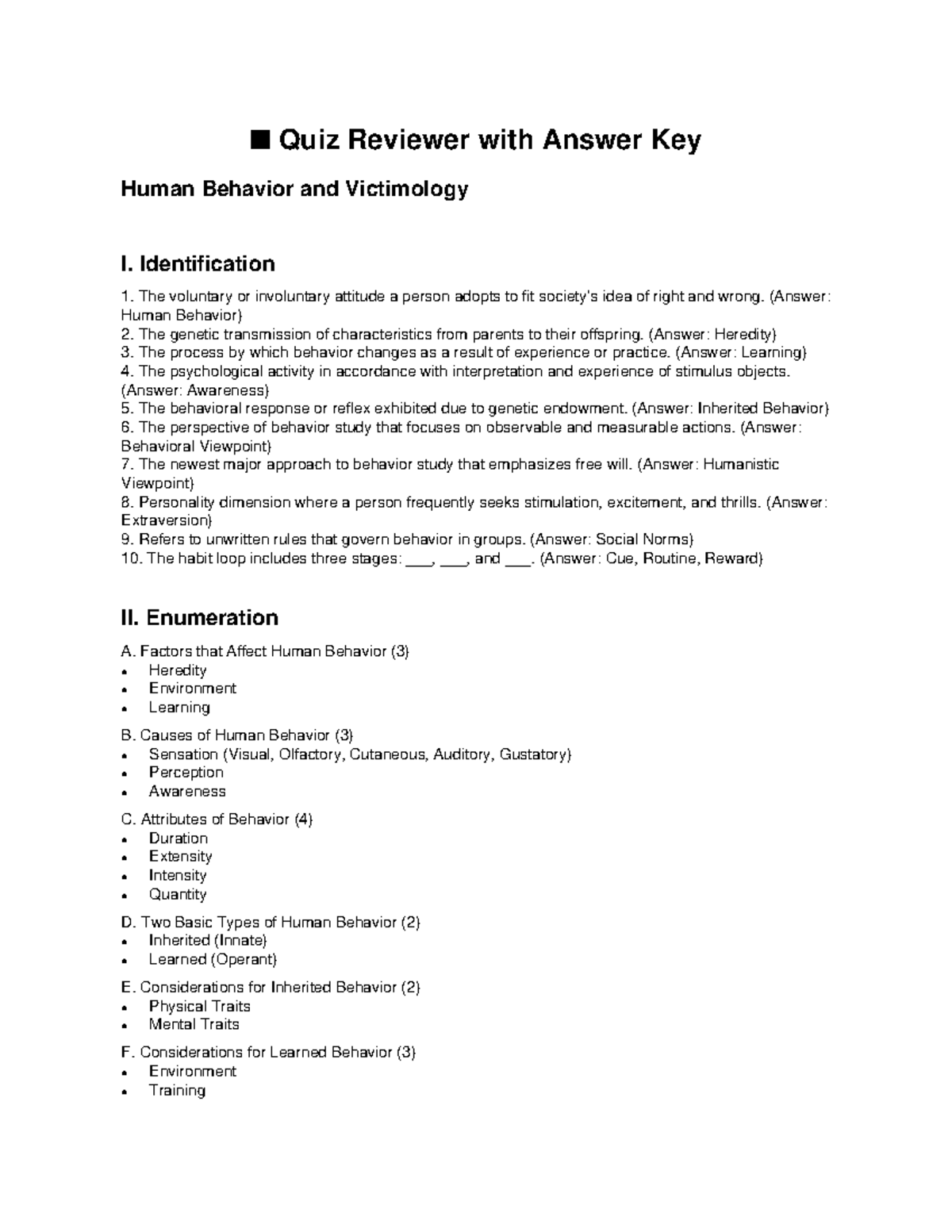 Human Behavior and Victimology I Quiz Reviewer with Answer Key - Studocu