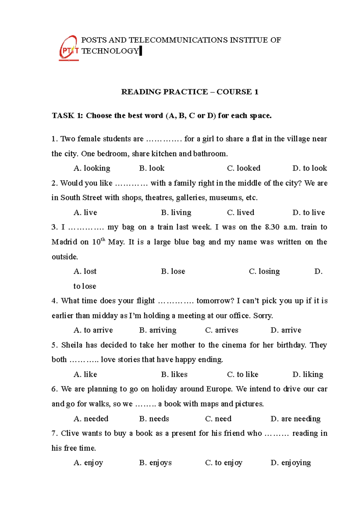 Course 1 Reading Practice - Sample Exercises and Answer Key - Studocu