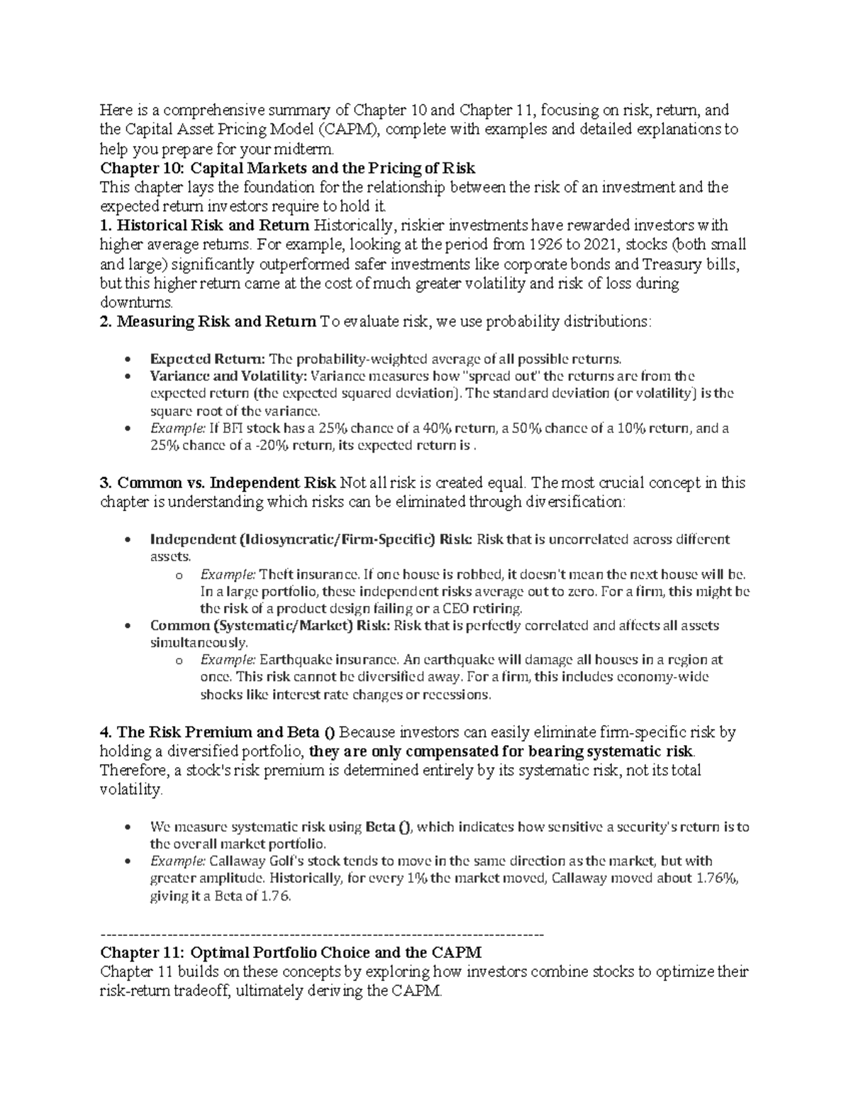 Ch 10 & Ch 11 Summary: Risk, Return, and CAPM for Midterm - Studocu