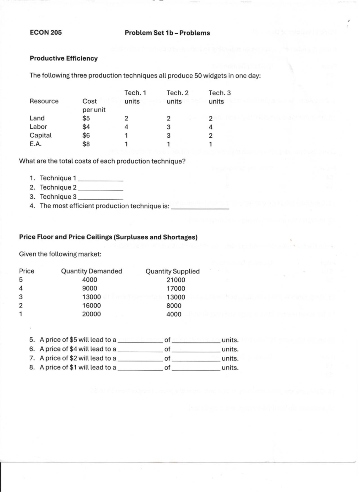 ECON 205 Problem Set: Analyzing Production Efficiency and Demand - Studocu