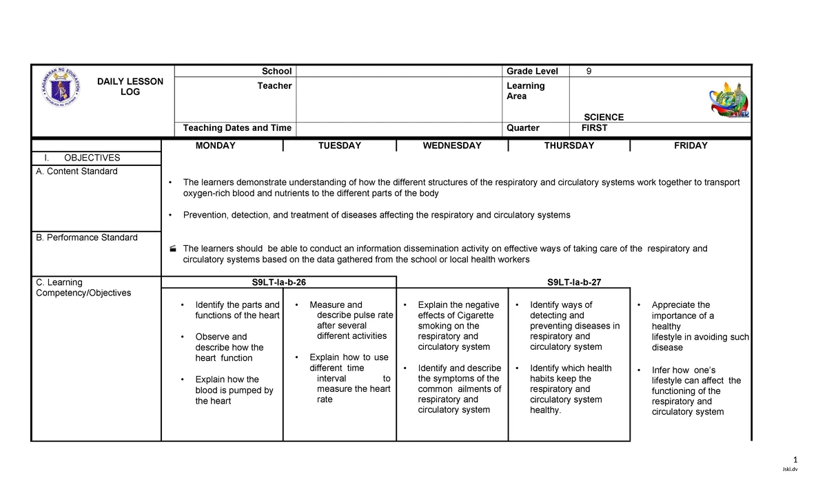 Grade 9 Science Daily Lesson Log: Respiratory & Circulatory Systems ...