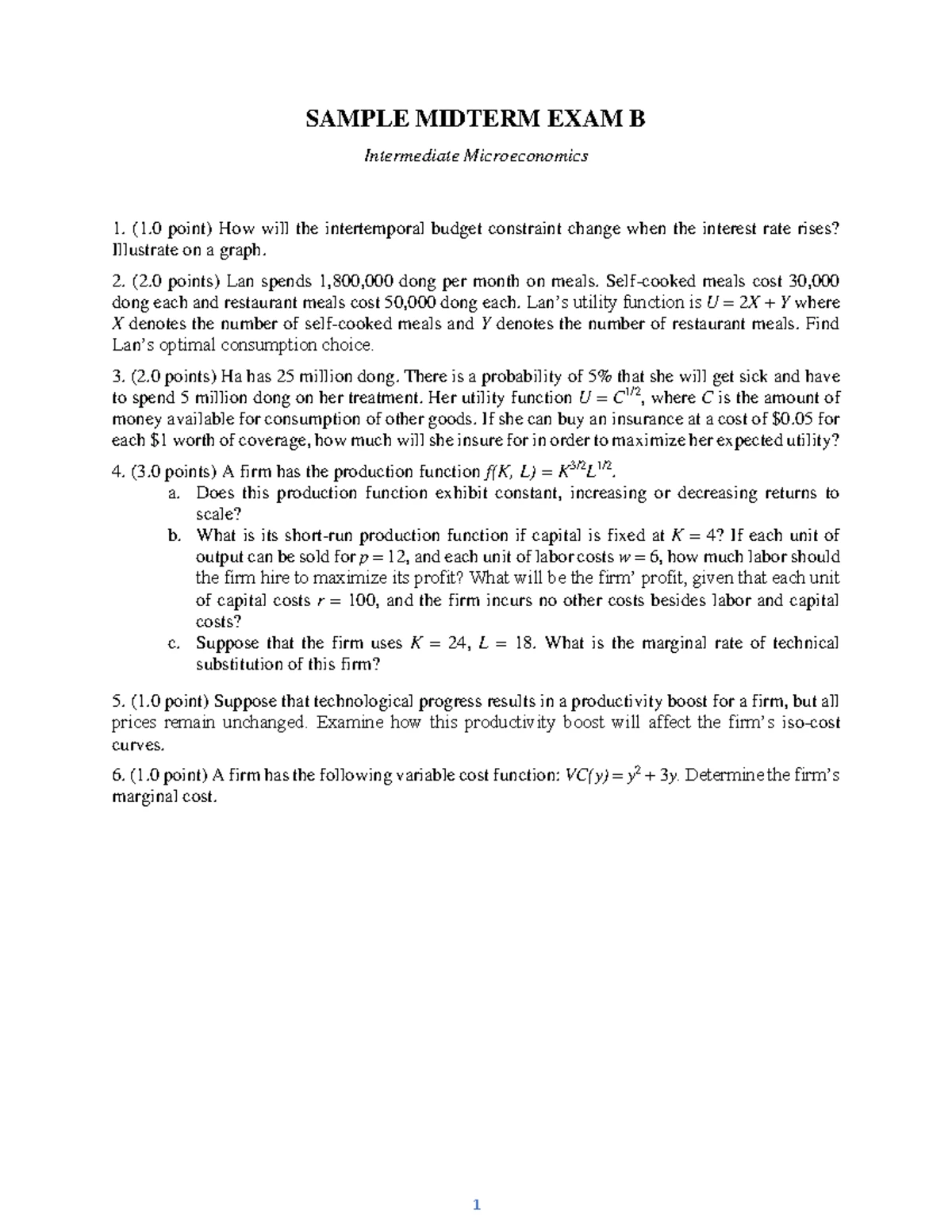 Intermediate Microeconomics 1: Sample Midterm Exam A - Studocu