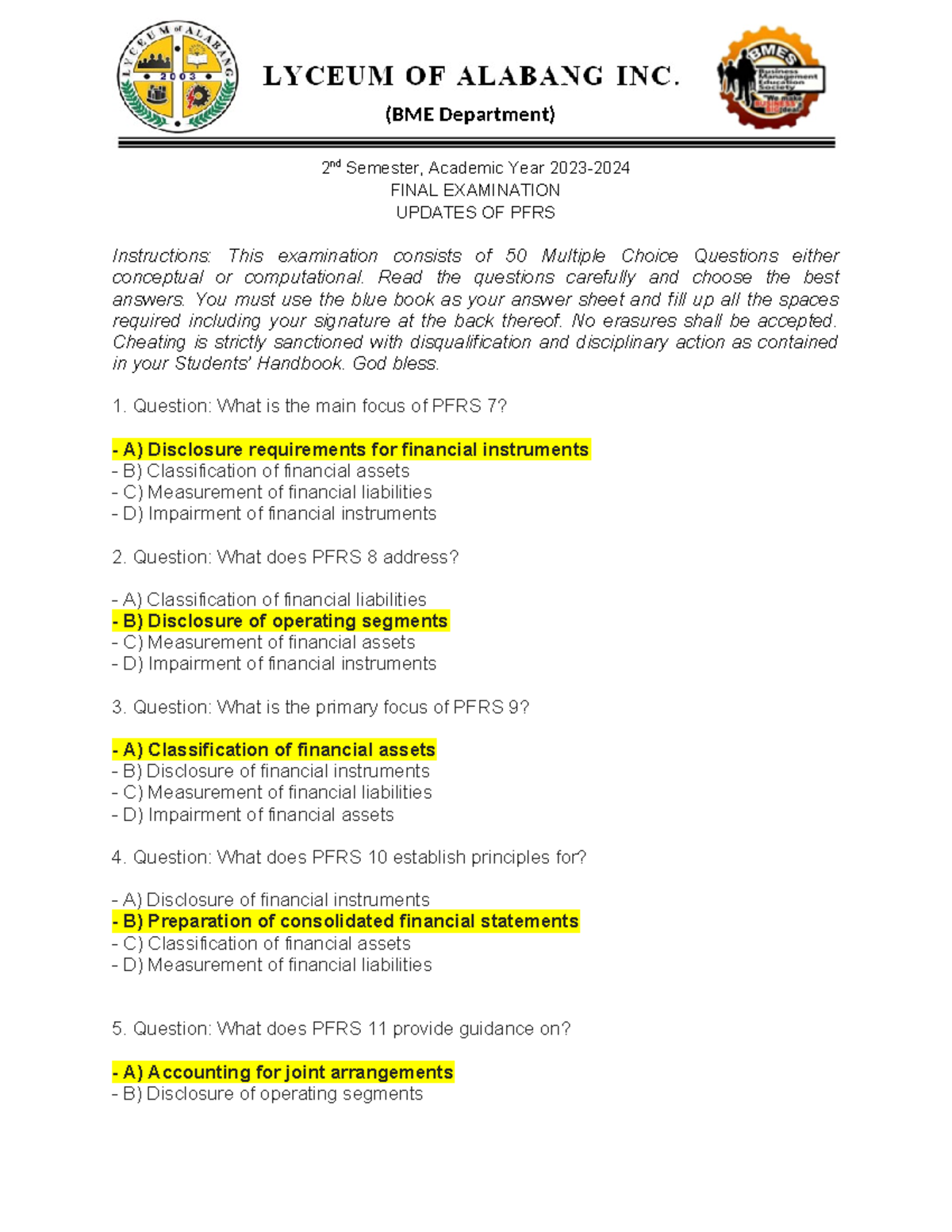 Baliling Finals Updates OF PFRS - (BME Department) 2 nd Semester ...