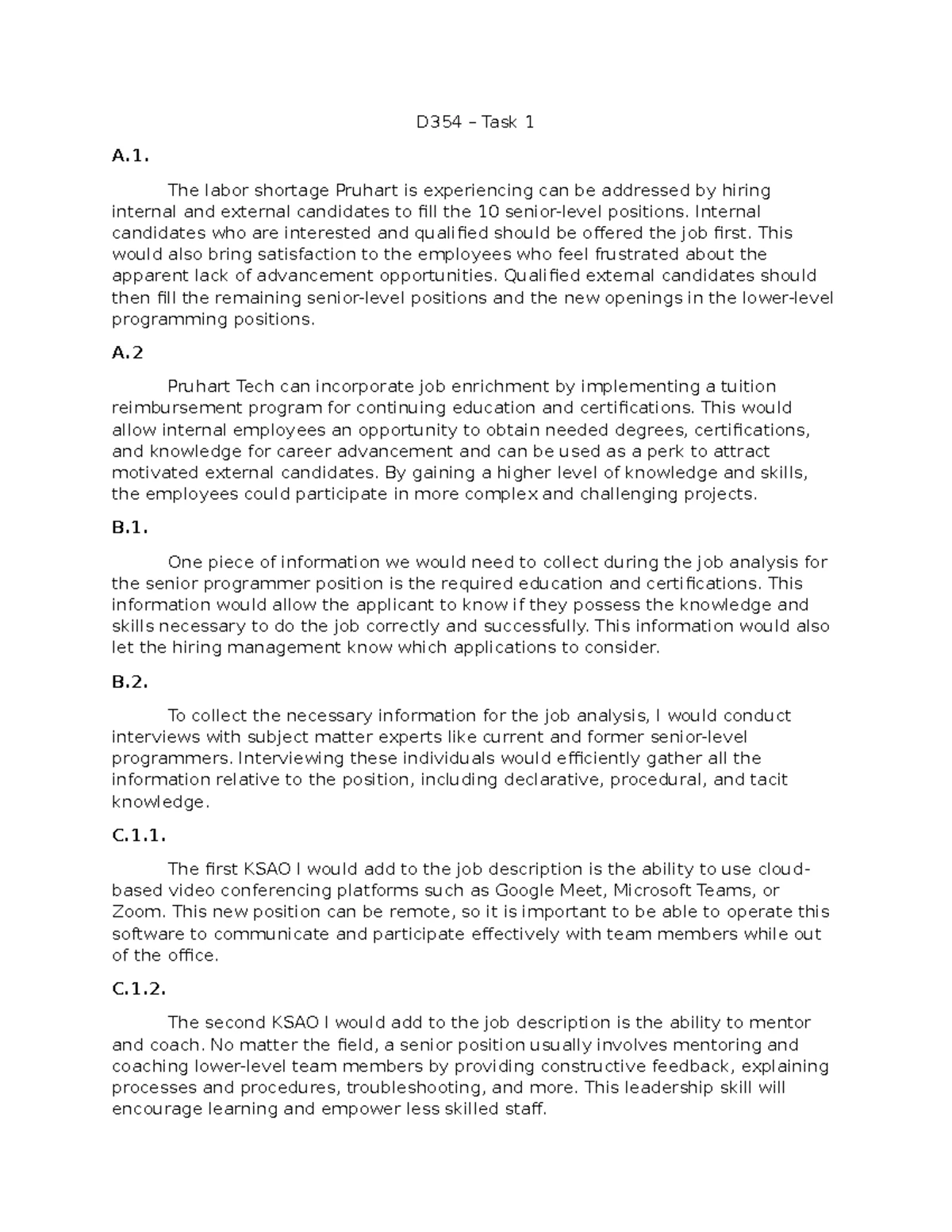 D354 - Task 2 - Passed 1st attempt - D354 - Task 2 – Recruitment Plan A ...