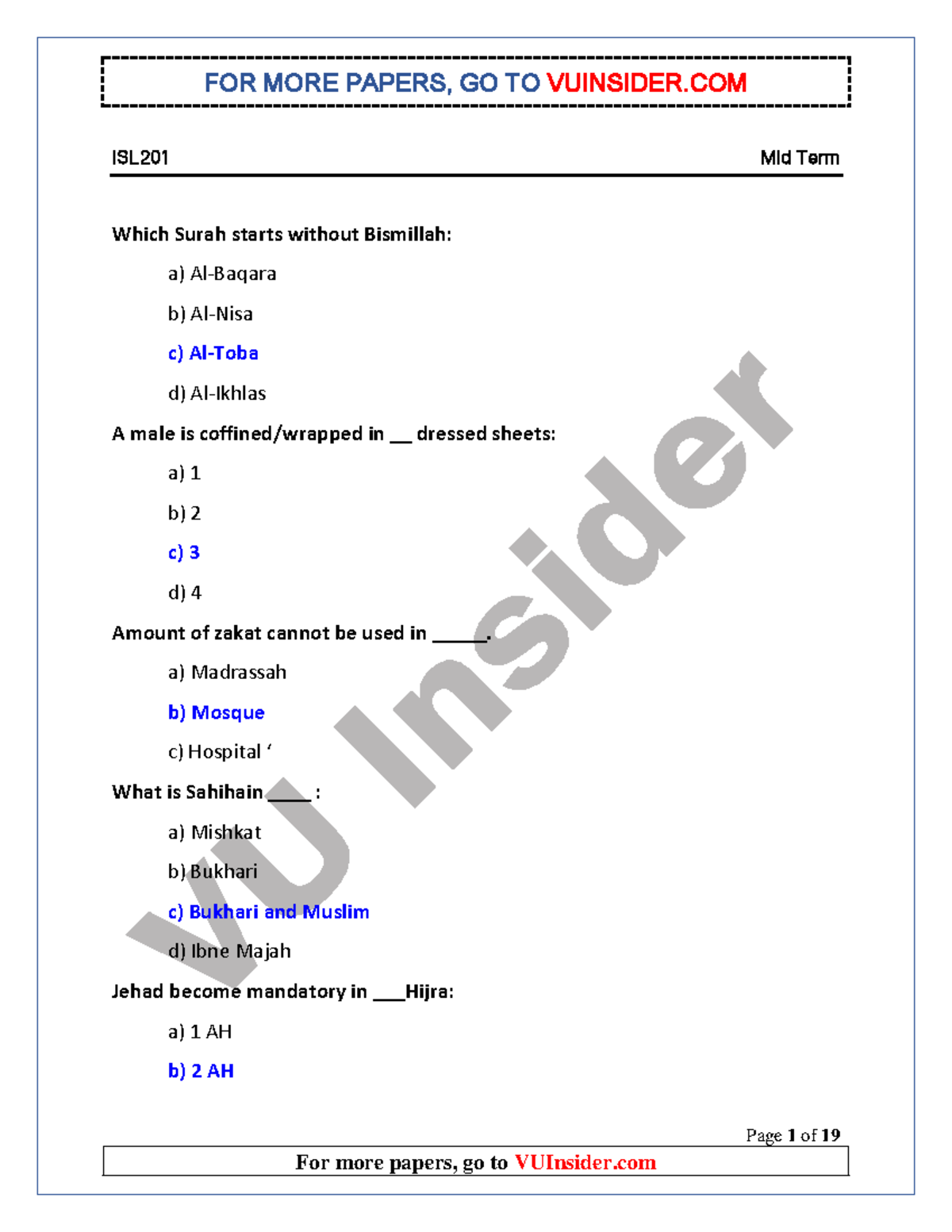 ISL201 Midterm Past Papers Compilation for Islamic Studies - Studocu
