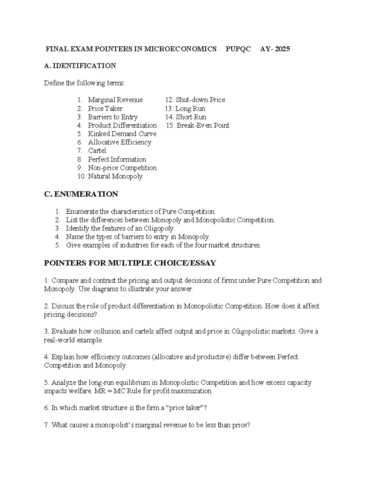 FINAL EXAM Pointers for Microeconomics PUPQC 2025 - Studocu