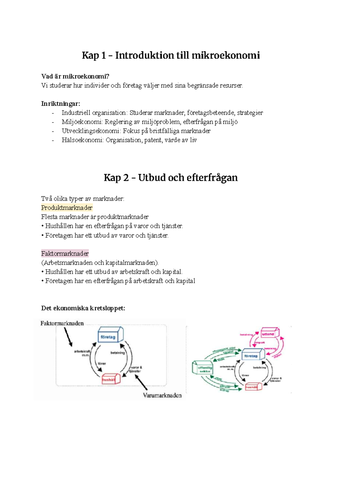 Mikroekonomi Kap 1-2: Introduktion, Utbud och Efterfrågan - Studocu