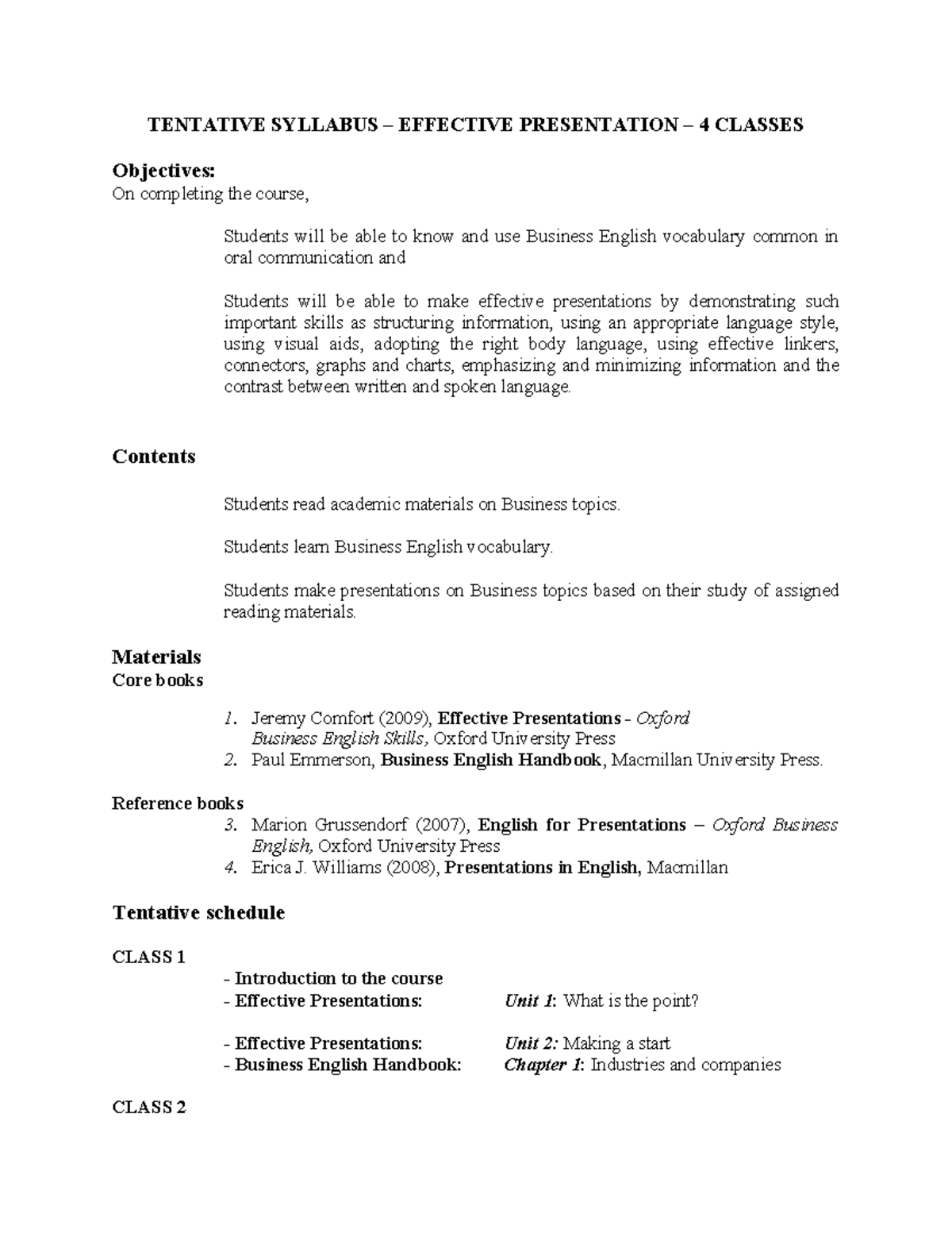 Tentative Syllabus 4 Classes - TENTATIVE SYLLABUS – EFFECTIVE ...
