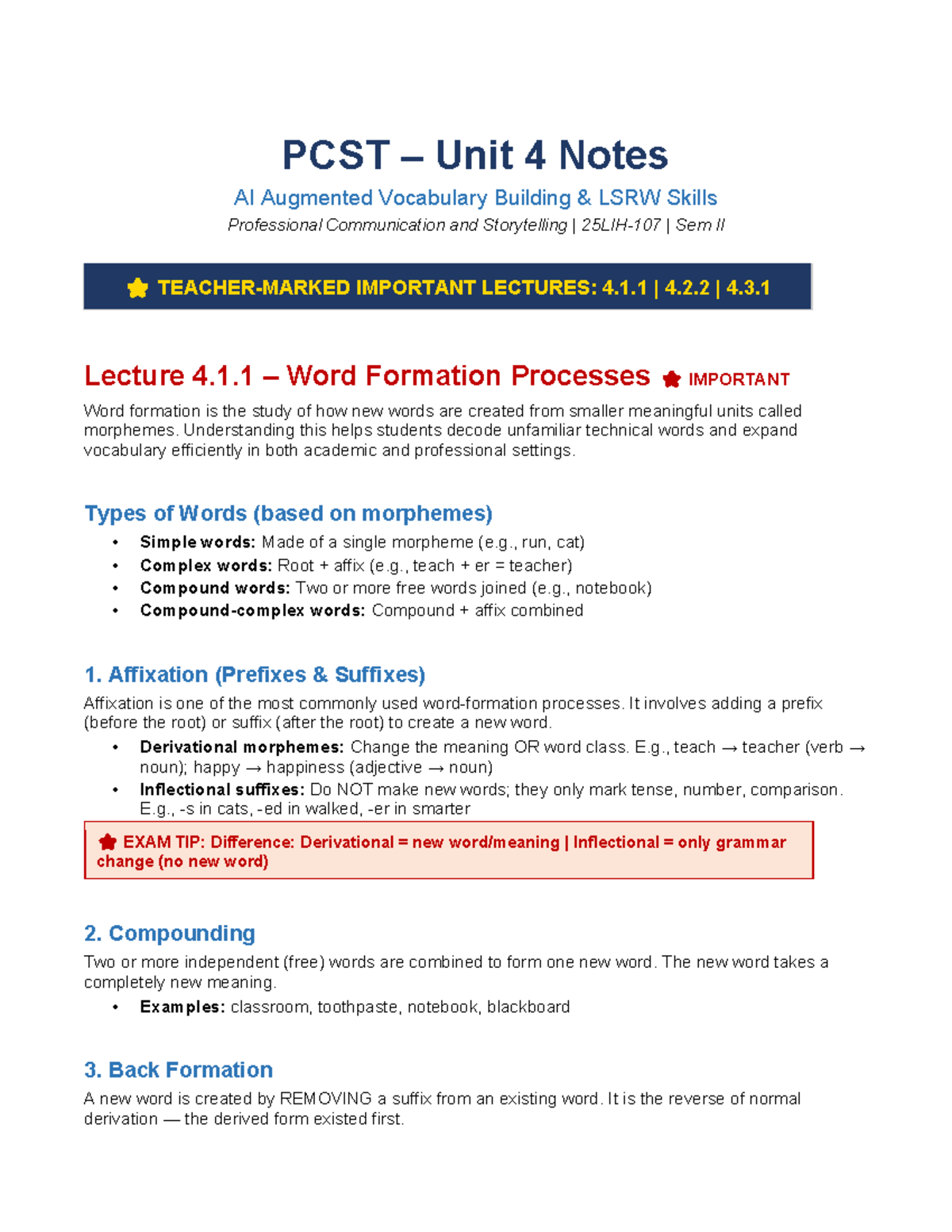 PCST Sem II Unit 4 Notes: AI in Vocabulary & LSRW Skills - Studocu