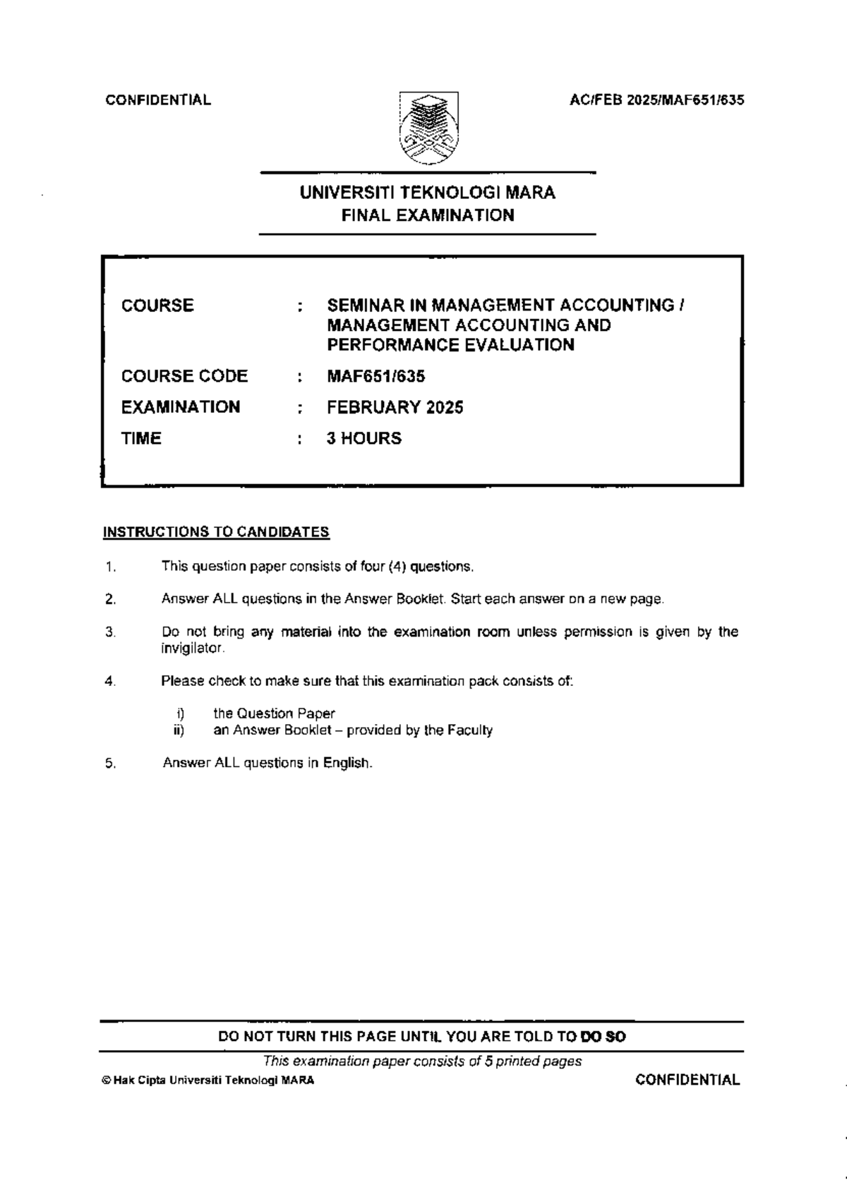 MAF651 FEB 2025 - FINAL EXAMINATION QUESTIONS & GUIDELINES - Studocu