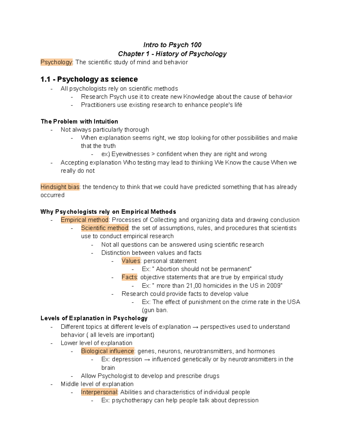 Psych 100 Chapter 1: Introduction to Psychology & Its History - Studocu