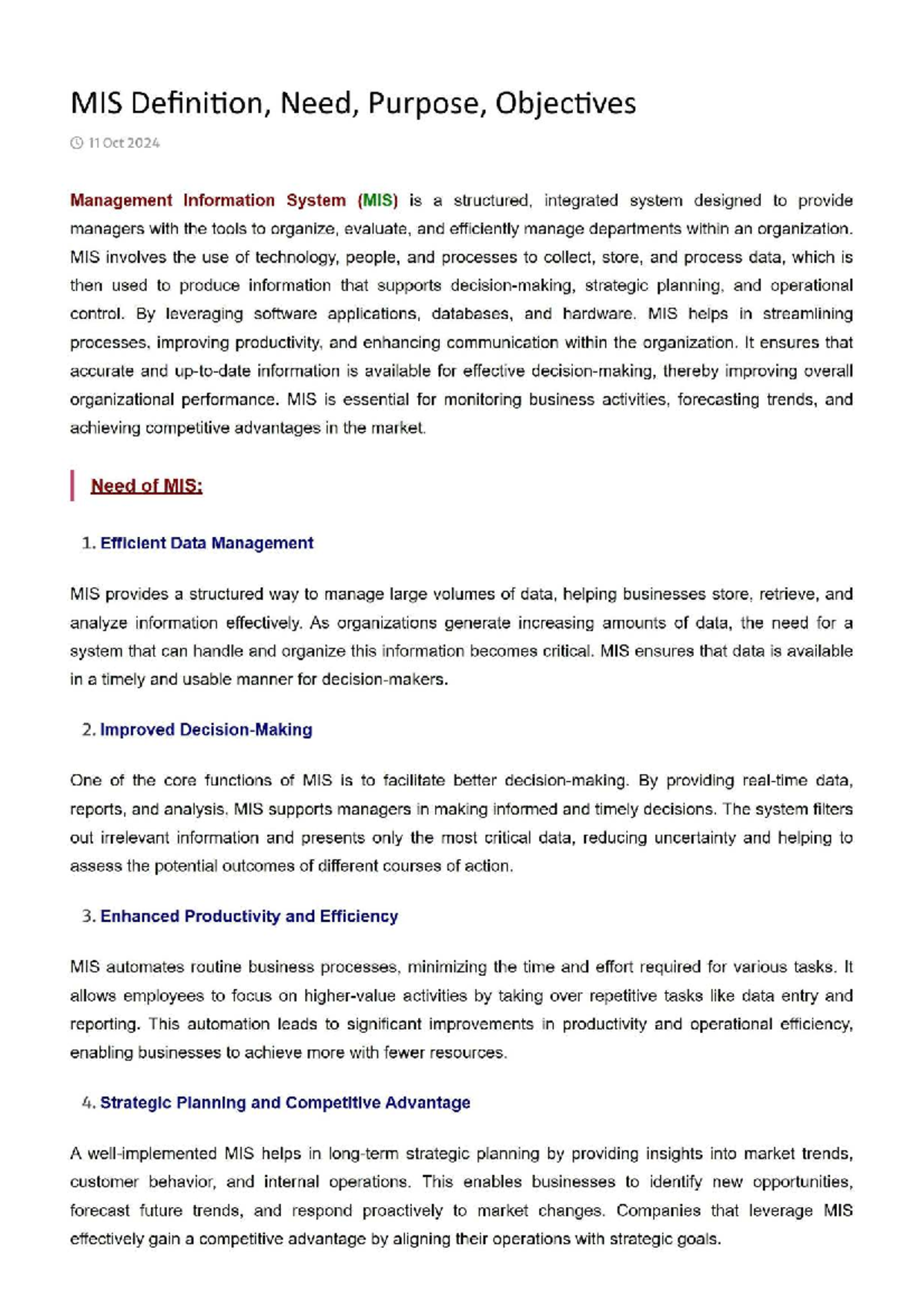 MIS Unit 1: Definition, Purpose, and Objectives of Management ...