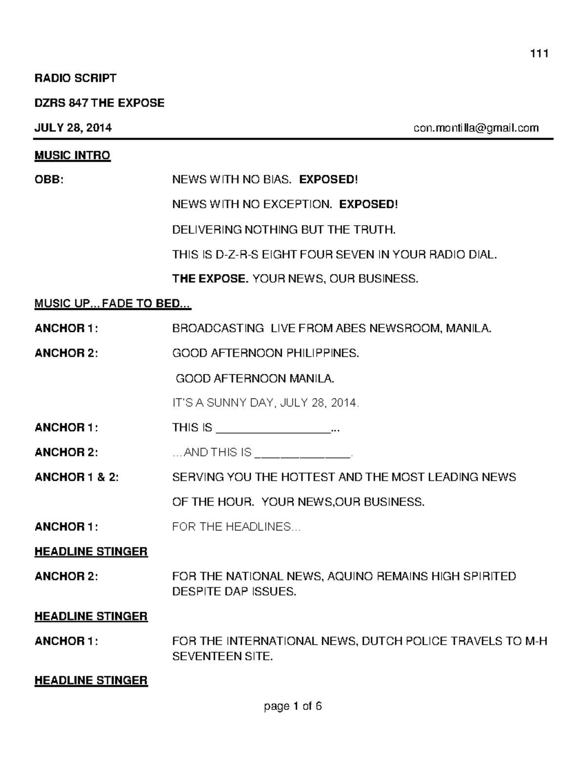 Sample 5 minute Broadcast Script - RADIO SCRIPT DZRS 847 THE EXPOSE ...