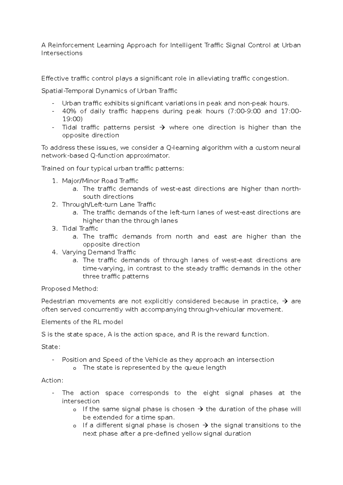 Reinforcement Learning for Urban Traffic Signal Control: A Study - Studocu