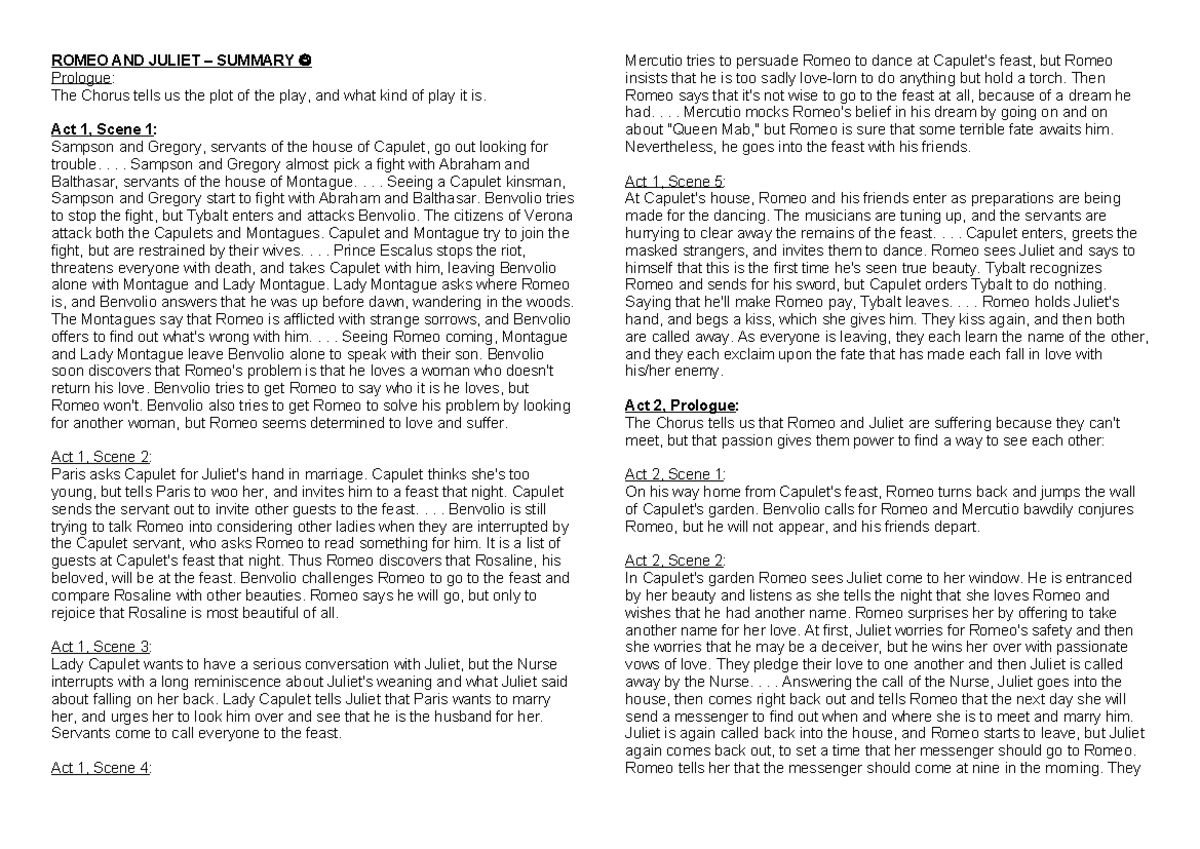 Romeo AND Juliet Act Scene summary - ROMEO AND JULIET – SUMMARY ...