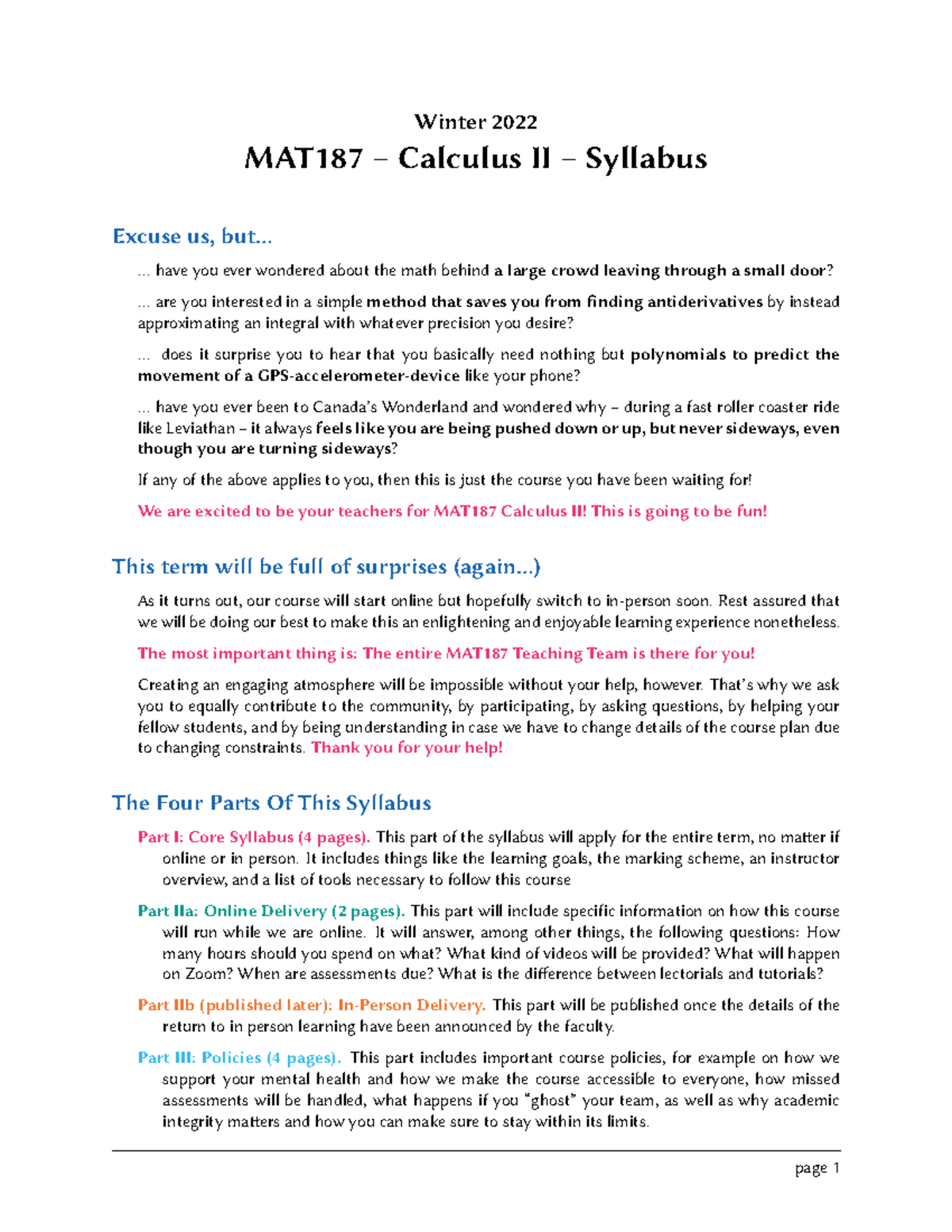 MAT187 Winter 2022 - Calculus II Syllabus and Course Structure - Studocu
