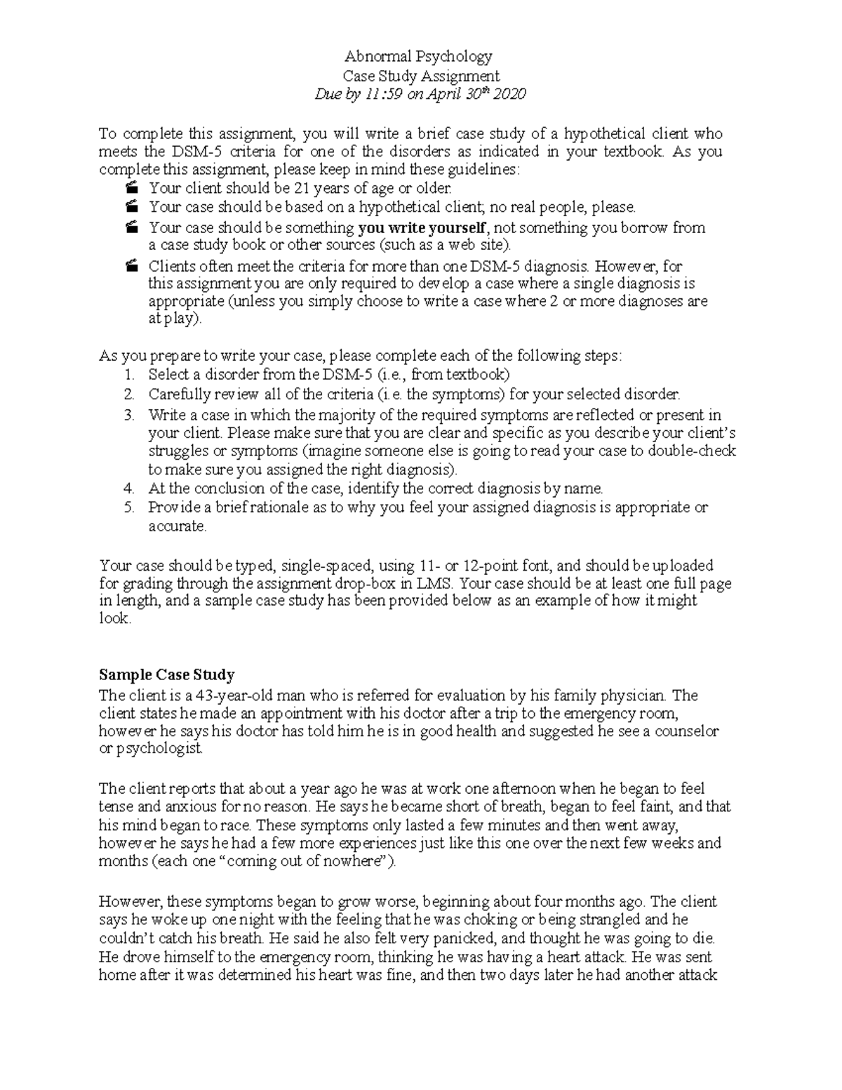Essay - Abnormal Psychology Case Study Assignment Due by 11:59 on April ...