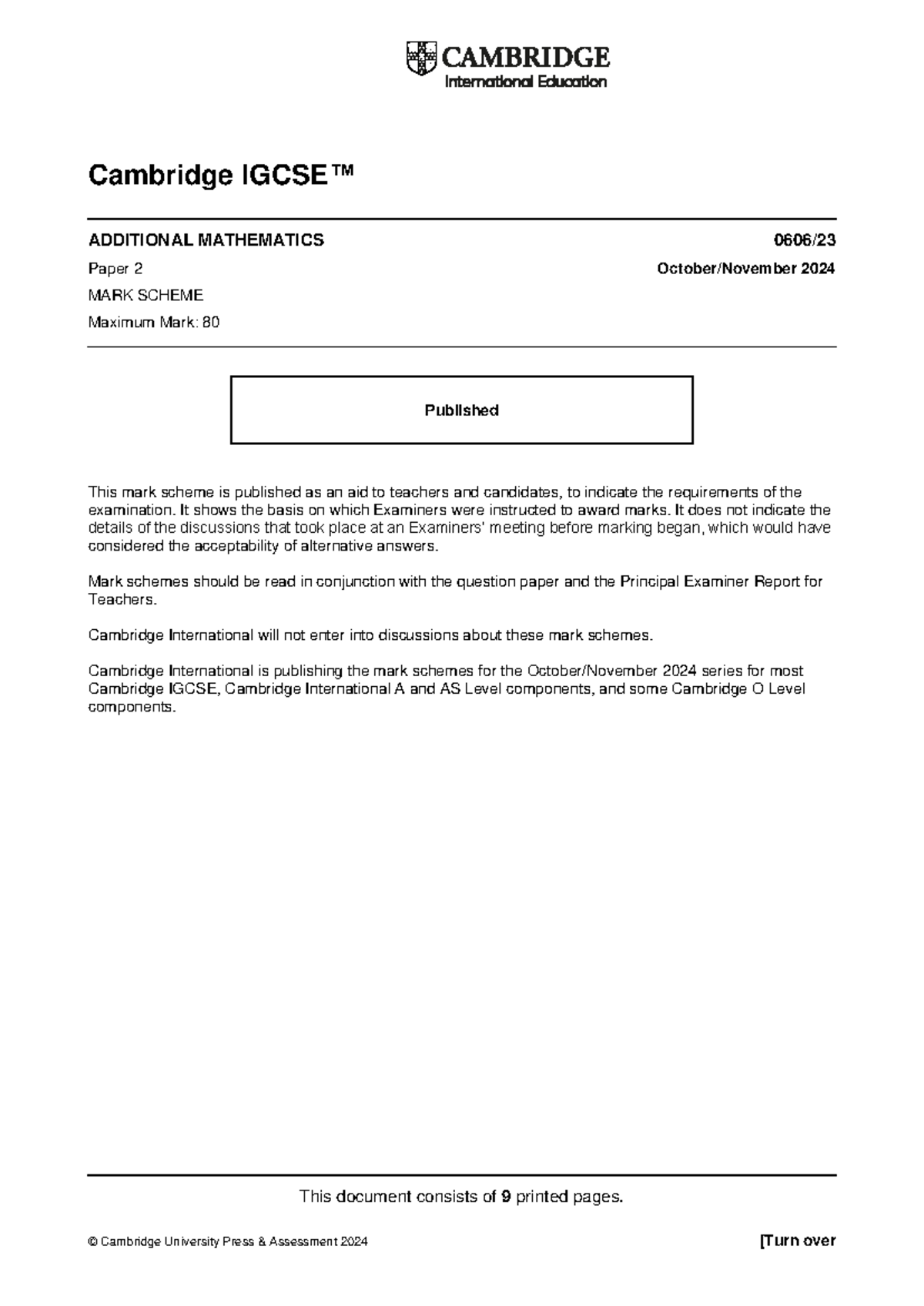 Cambridge IGCSE ADDITIONAL MATHEMATICS Paper 2 2024 Mark Scheme - Studocu