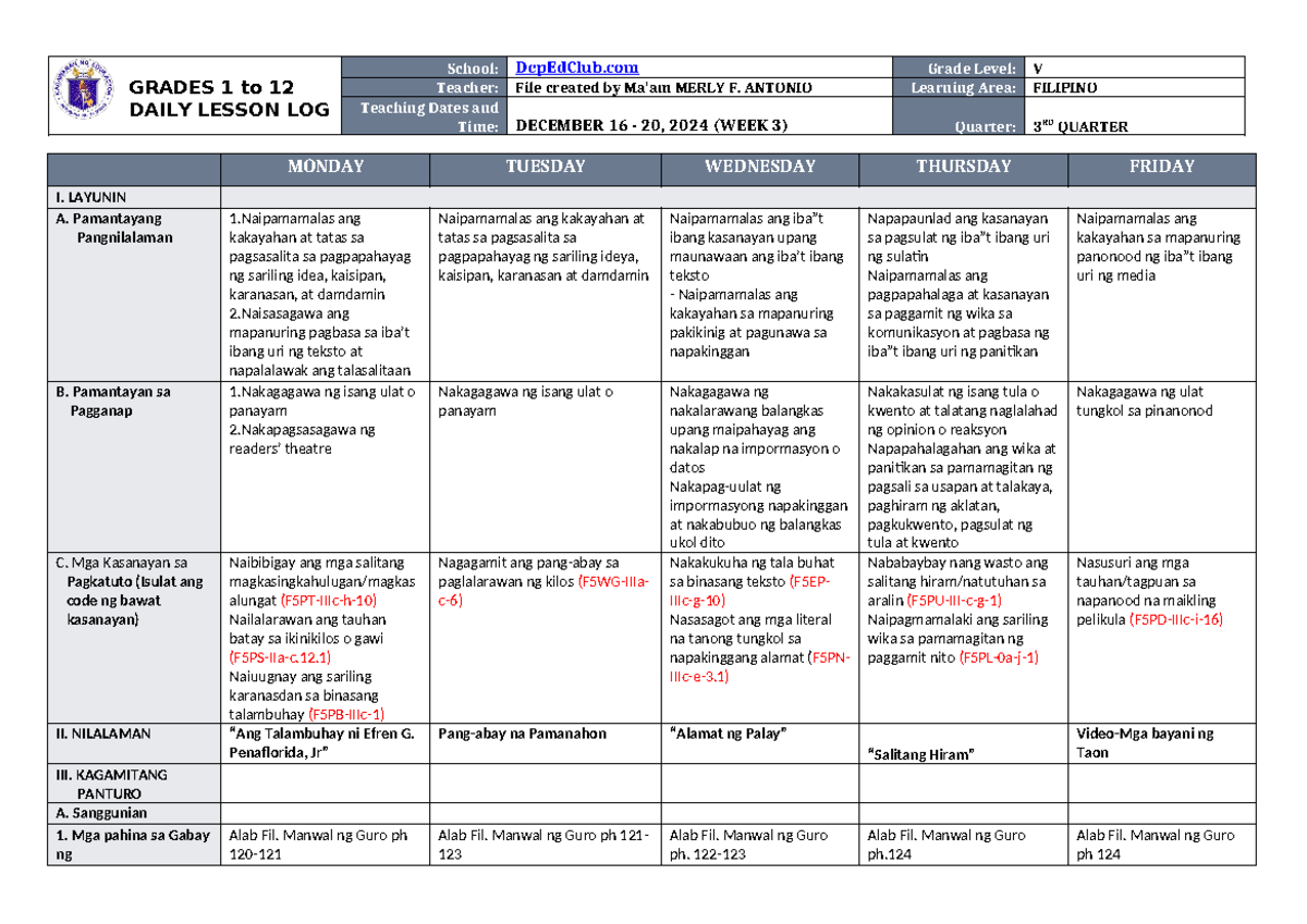DLL Filipino 5 Q3 W3 - test - GRADES 1 to 12 DAILY LESSON LOG School ...