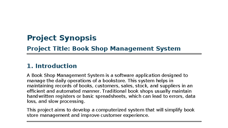 Book Shop Management System Project Synopsis - Studocu