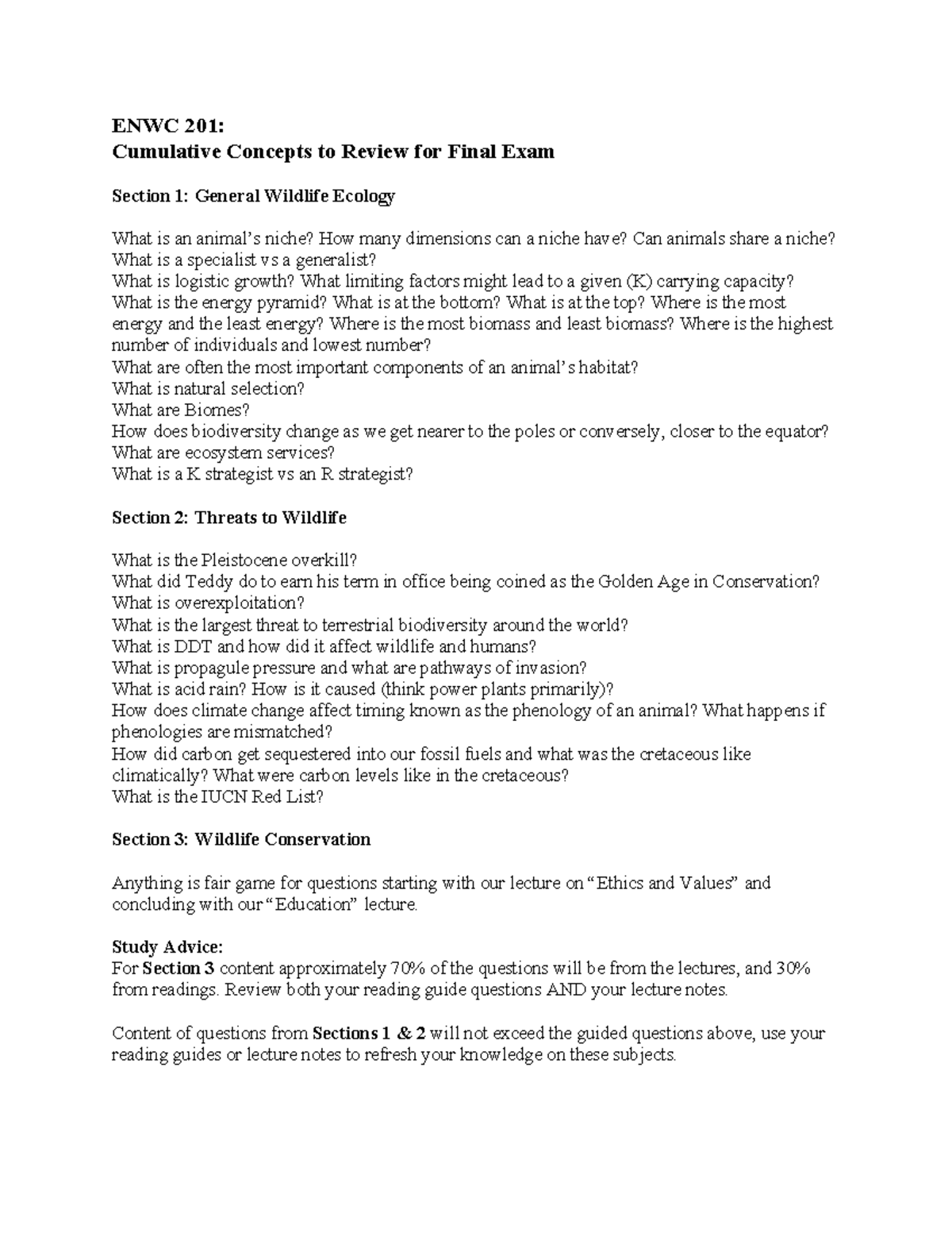 Final Exam Study Guide for ENWC 201: Wildlife Ecology and Conservation ...