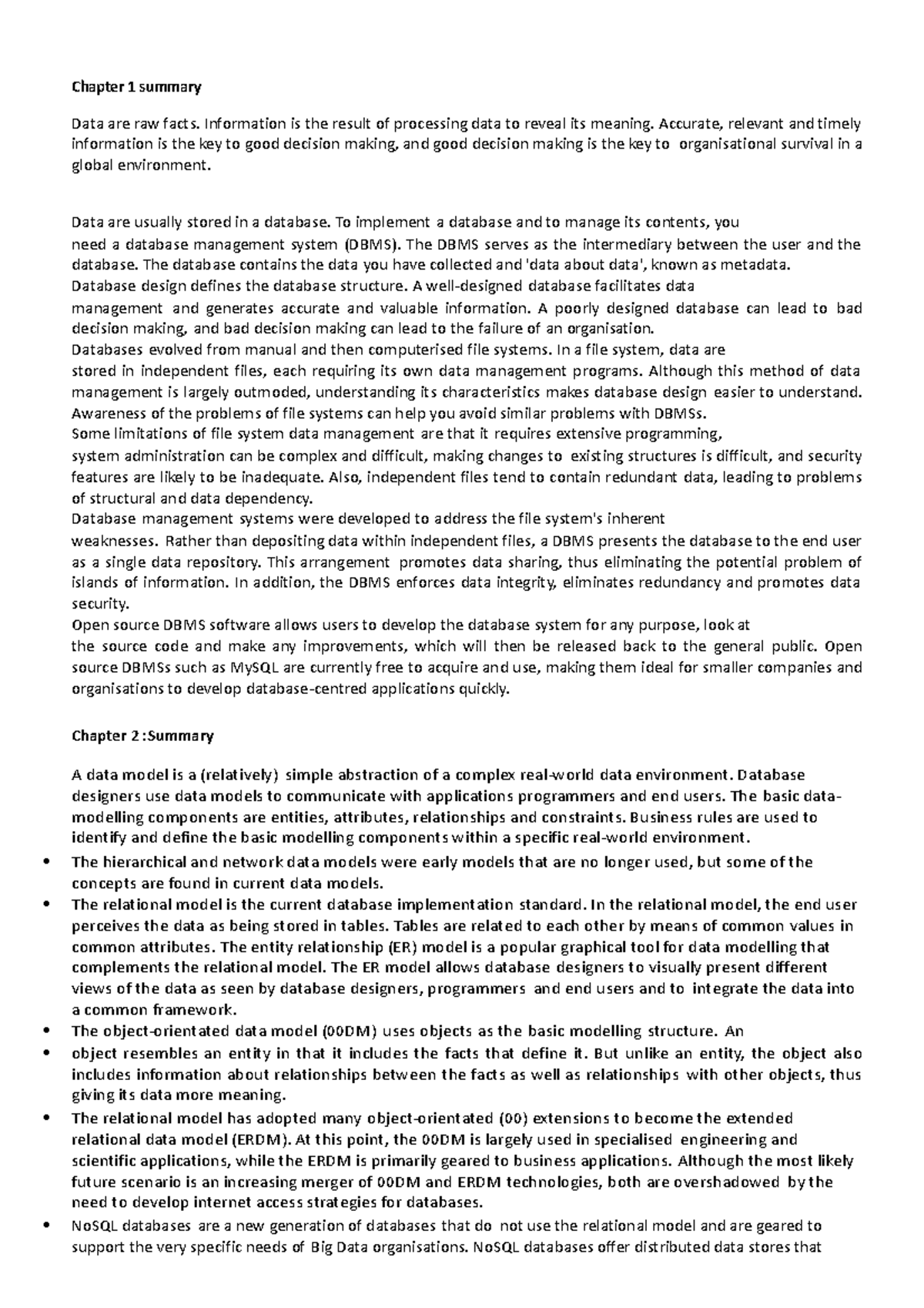 Database Design and Management: Chapter Summaries for Course Code DB101 ...