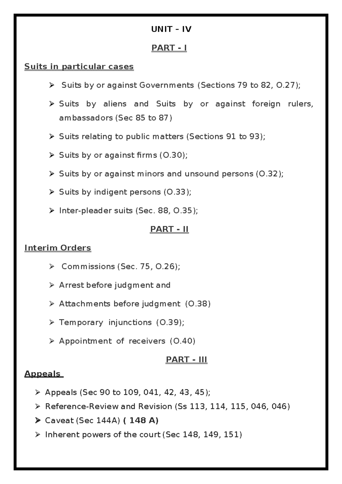 UNIT IV CPC Notes: Suits Against Governments, Aliens, and Public ...