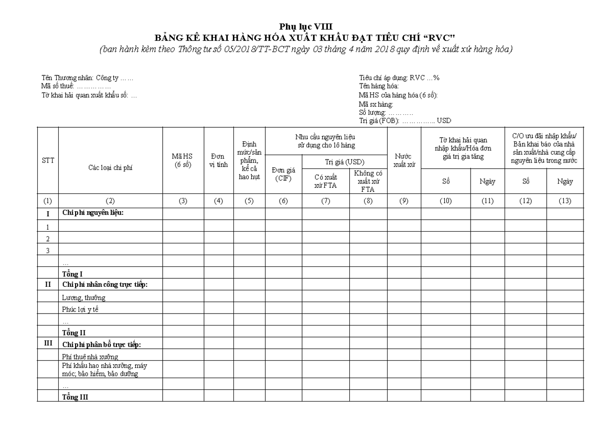 Bang ke Khai RVC - đada - Phụ lục VIII BẢNG KÊ KHAI HÀNG HÓA XUẤT KHẨU ...