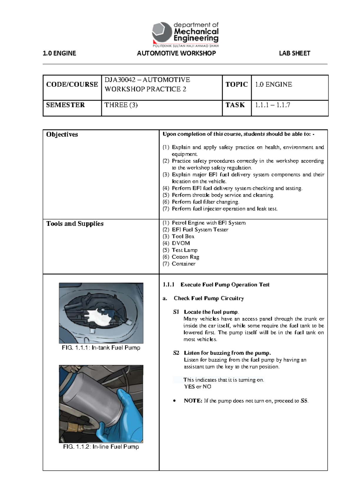 DJA30042 Automotive Engine 1.1 Lab Sheet: EFI Fuel Delivery Tests - Studocu