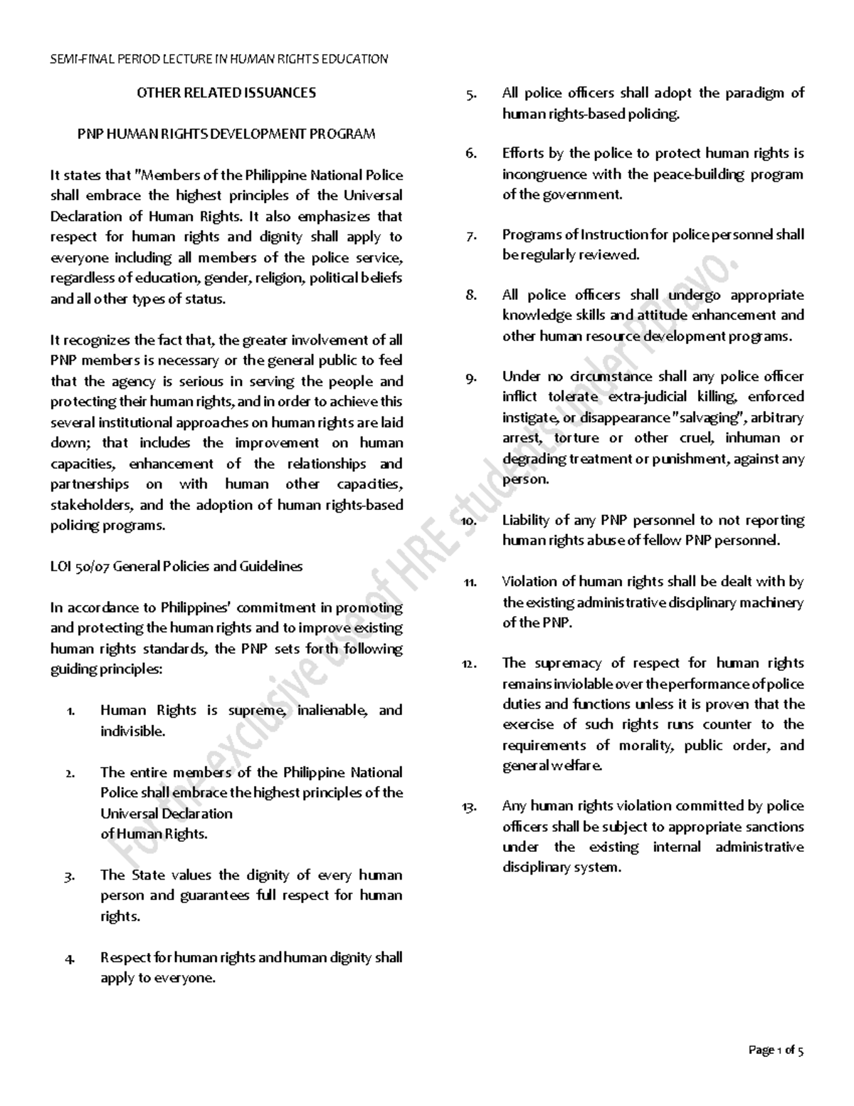 SEMI Final Lecture Notes by RBravo - OTHER RELATED ISSUANCES PNP HUMAN ...
