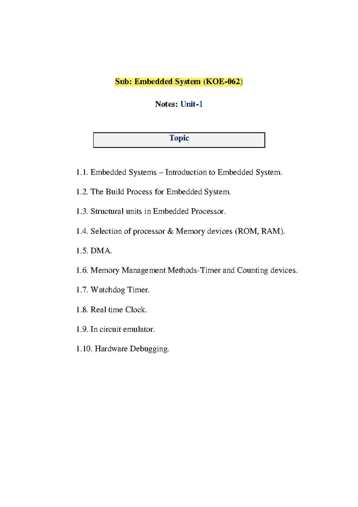 Unit 1 Notes: Introduction to Embedded Systems (KOE-062) - Studocu