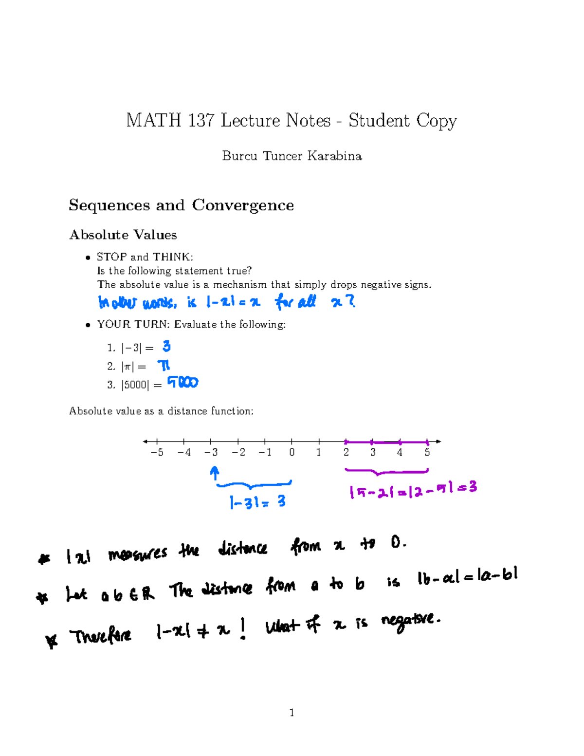 MATH 137 Lecture Notes: Sequences, Convergence, & Absolute Values - Studocu
