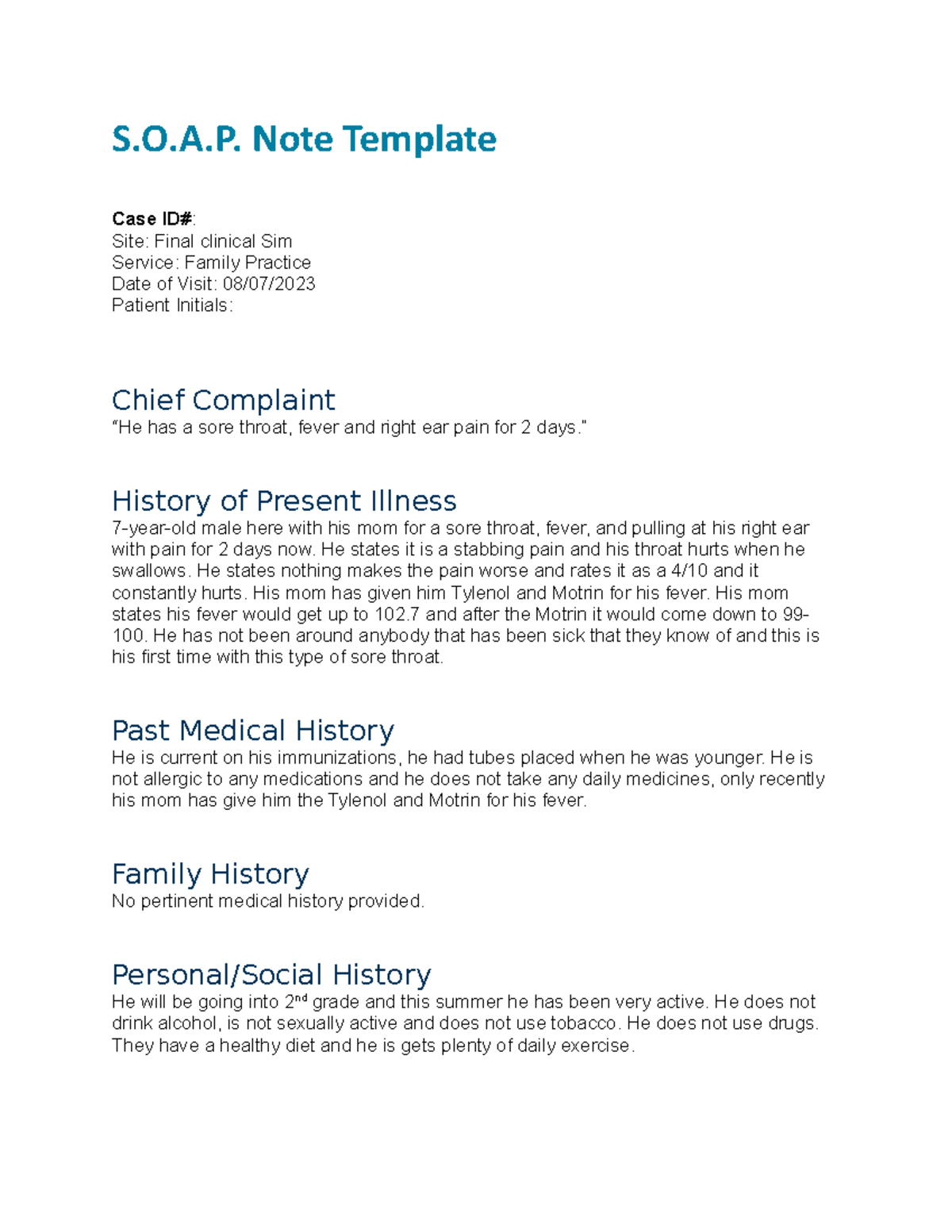 Final Clinical Sim SOAP Note for Pediatric Patient Assessment - Studocu