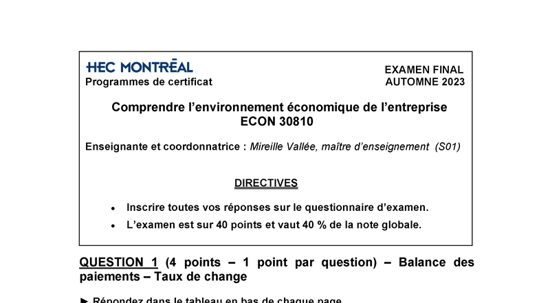 ECON 30810 Examen Final Automne 2023 - Corrigé Complet - Studocu