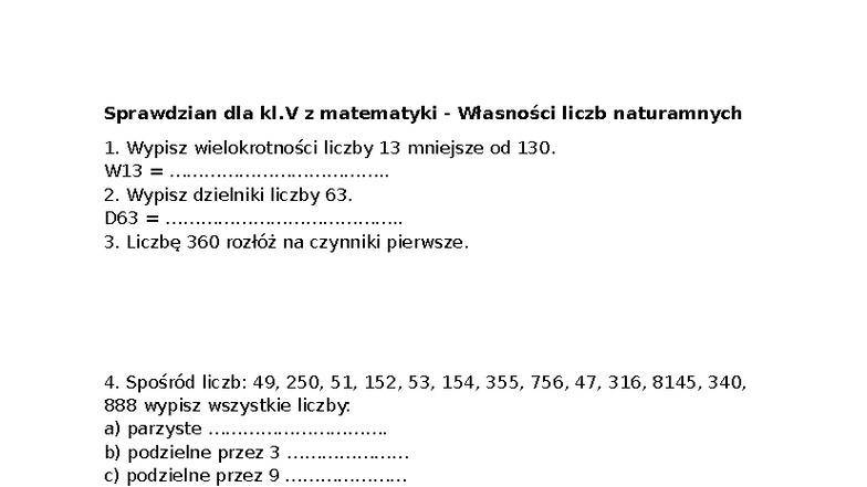 Sprawdzian kl.V z matematyki - Własności liczb naturalnych - Studocu