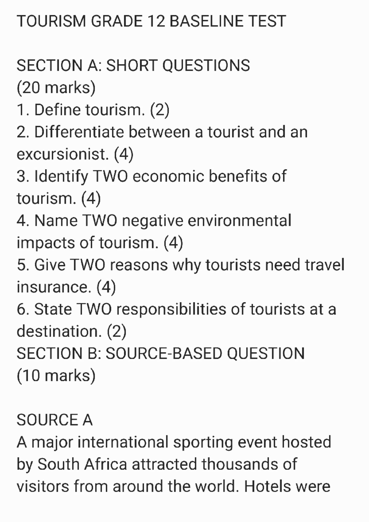 TOURISM GRADE 12 BASELINE TEST: SHORT QUESTIONS & ANSWERS - Studocu