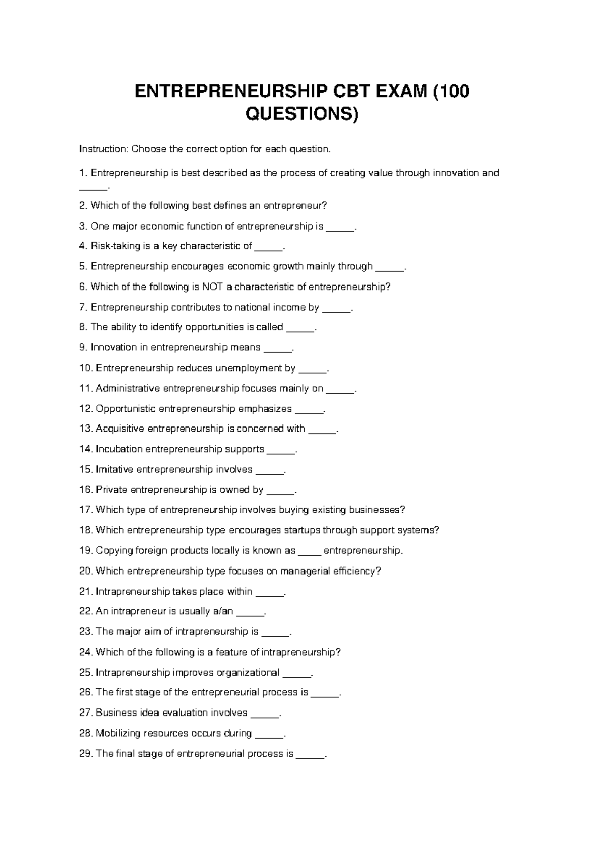 ENTREPRENEURSHIP CBT EXAM (100 QUESTIONS) - ANSWERS INCLUDED - Studocu