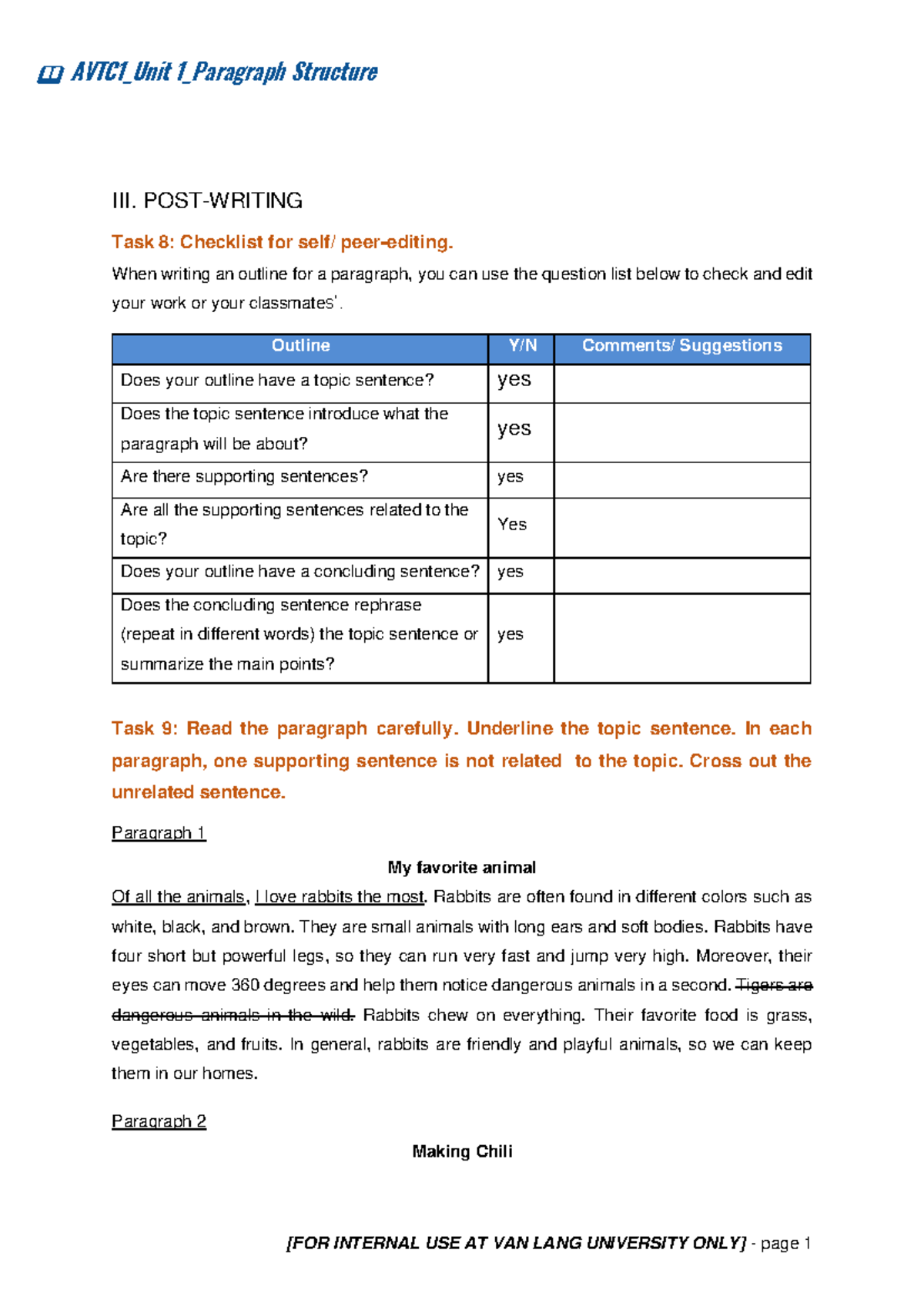 AVTC1 - Unit 1 - Paragraph Structure: Outline & Checklist Guide - Studocu