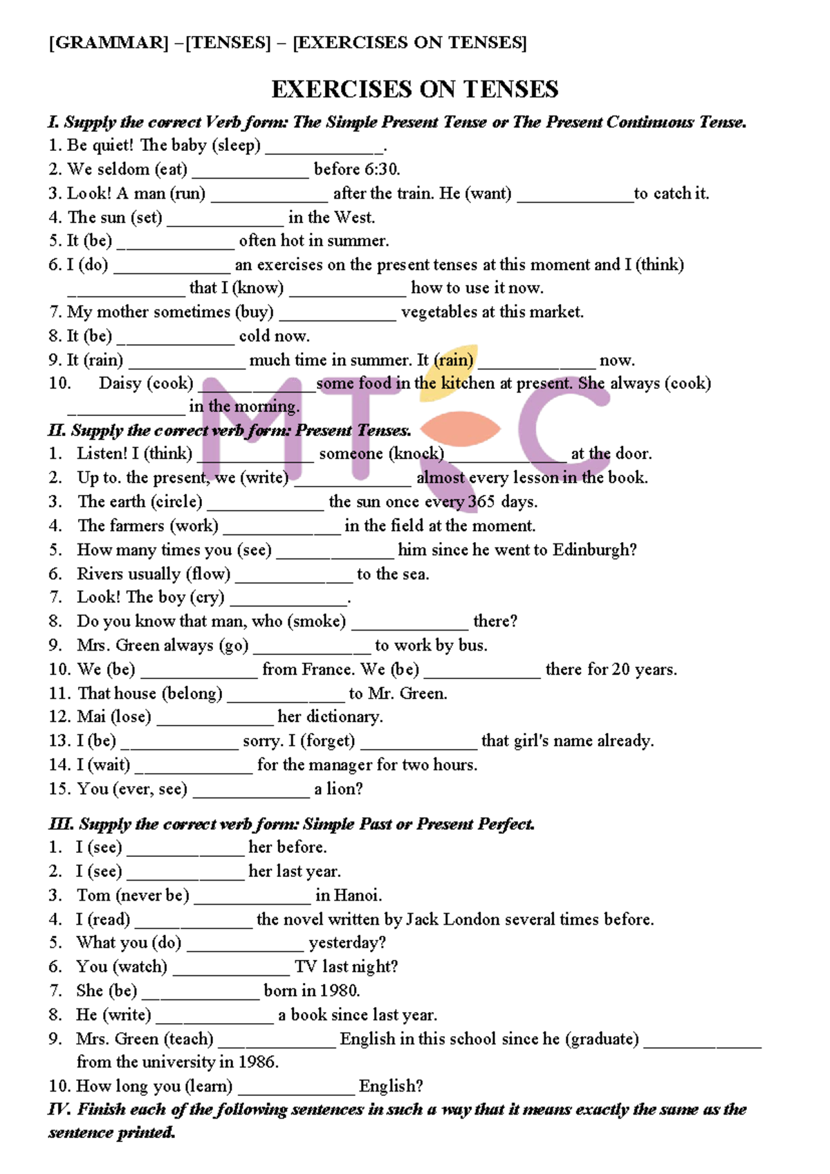 Exercises on Tenses I: Simple Present & Present Continuous (C30) - Studocu