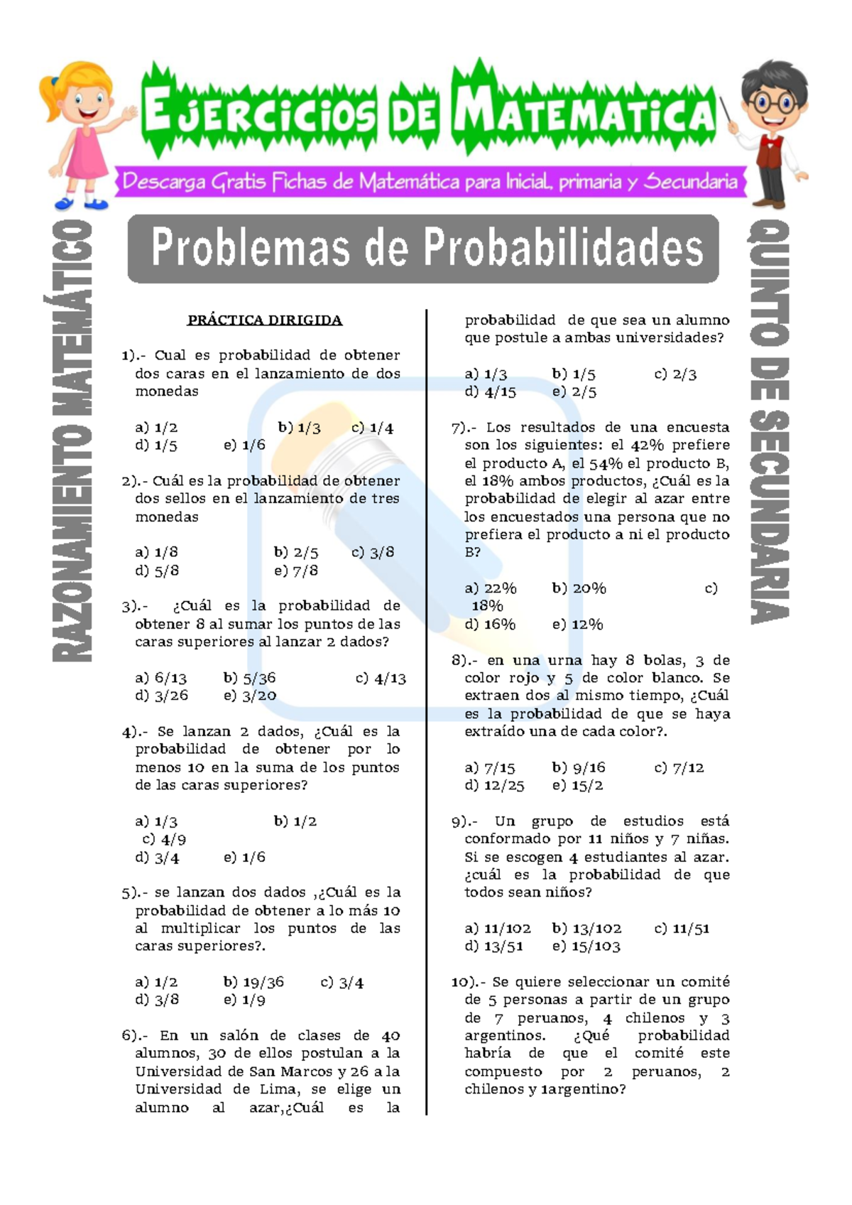 Problemas de Probabilidades - Quinto de Secundaria - Ejercicios y ...