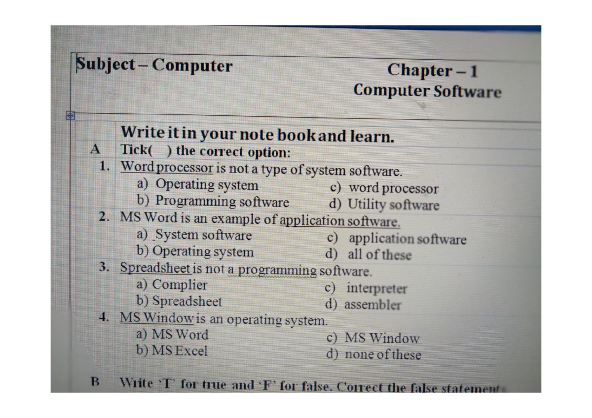 Class 6 Chapter 1 - Practice - Computer 1 Computer Software Write it in ...