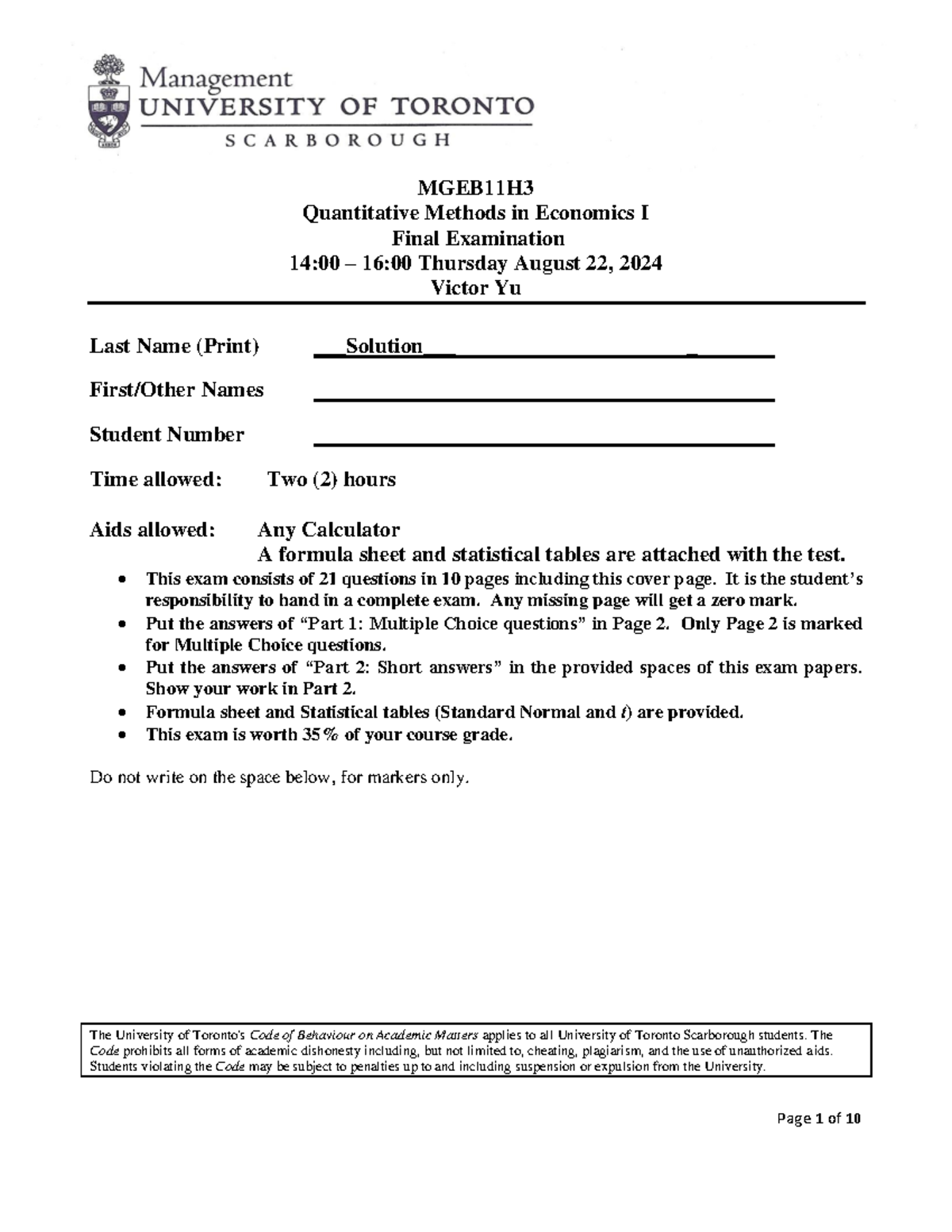 2024-08-22 Final Exam S B11 - MGEB11H Quantitative Methods in Economics ...