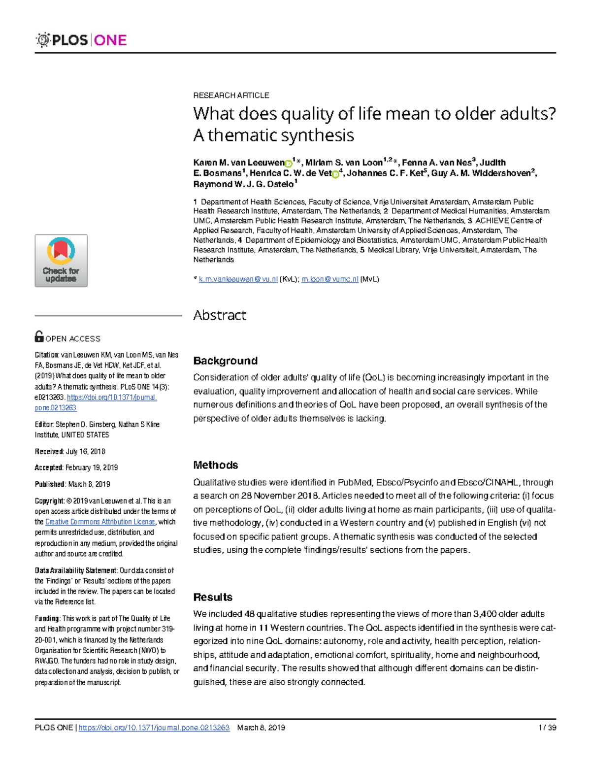 Thematic Synthesis of Quality of Life Perspectives in Older Adults ...