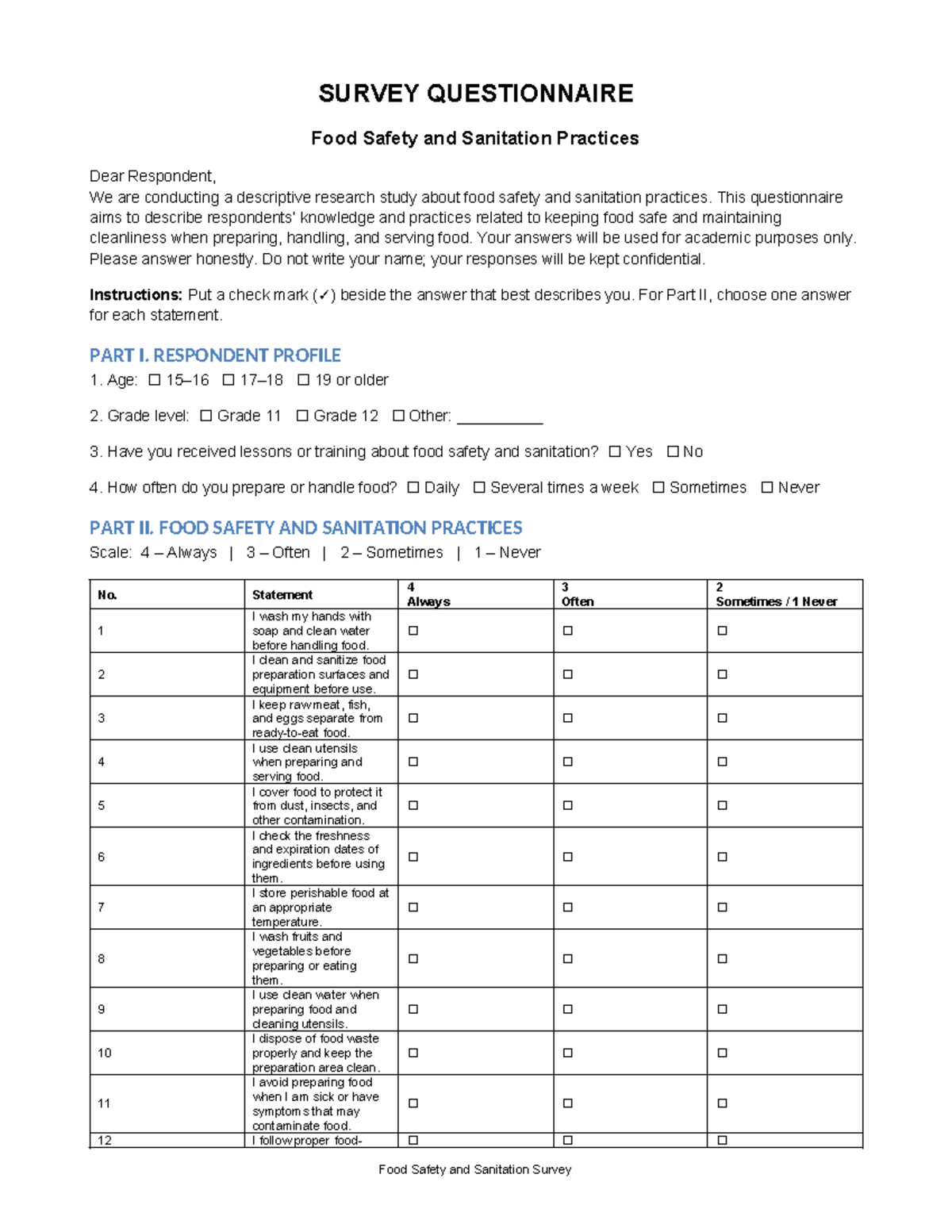 Food Safety & Sanitation Practices Survey Questionnaire - Studocu